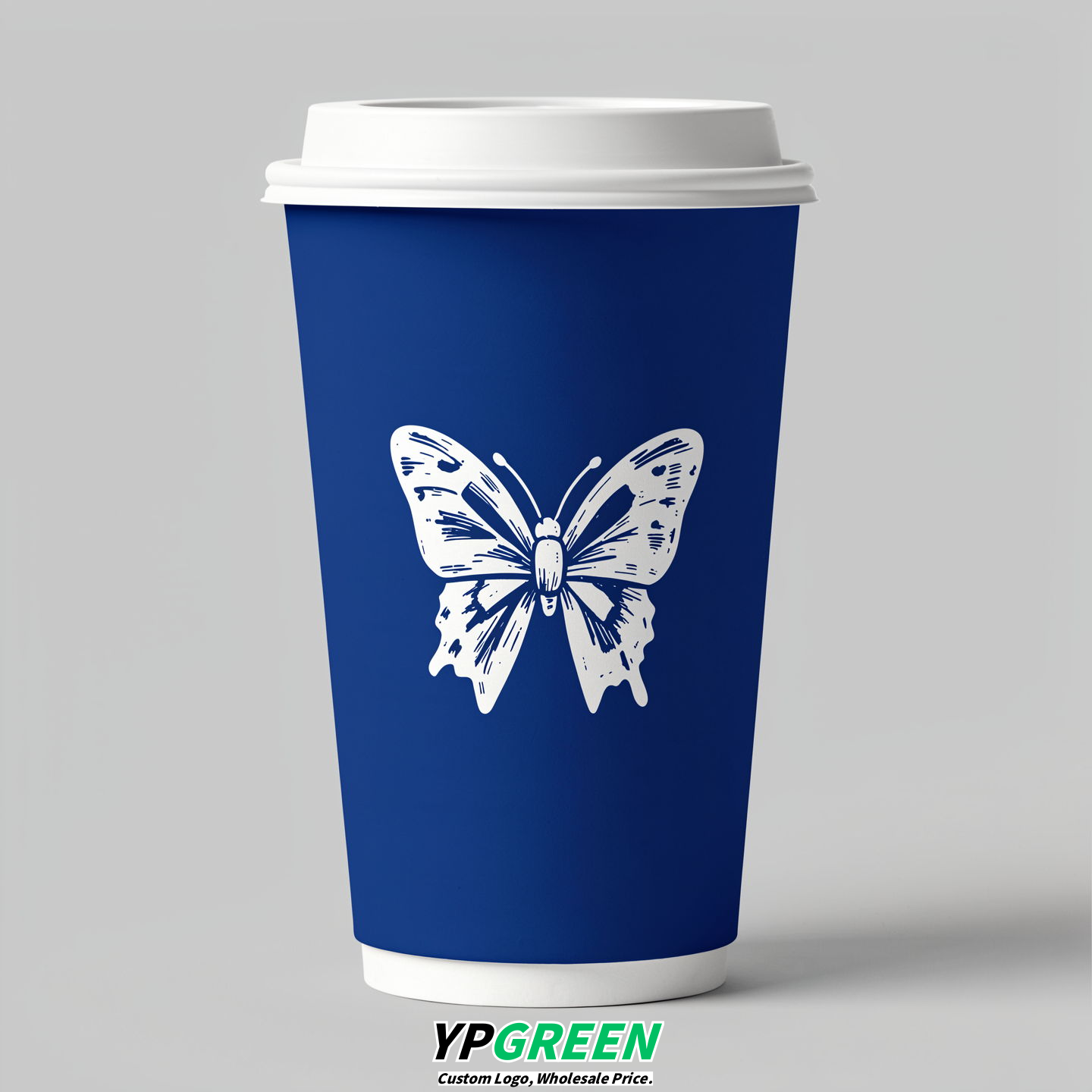 Prussian Blue Paper Cups with Bow Logo & Lids 8-24oz