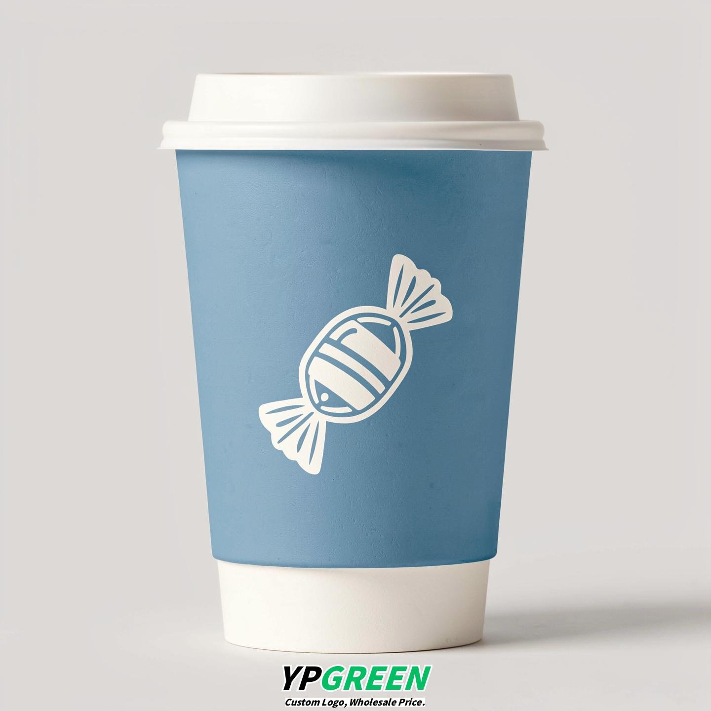 Robin Egg Blue Paper Cups with Candy Logo & Lids 8-24oz