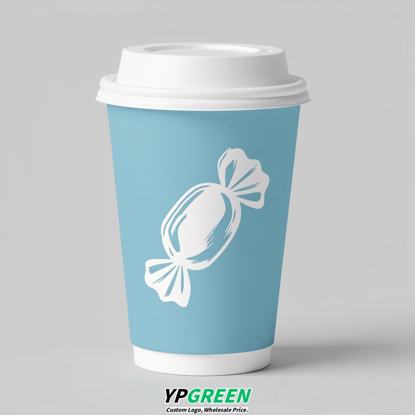 Robin Egg Blue Paper Cups with Candy Logo & Lids 8-24oz