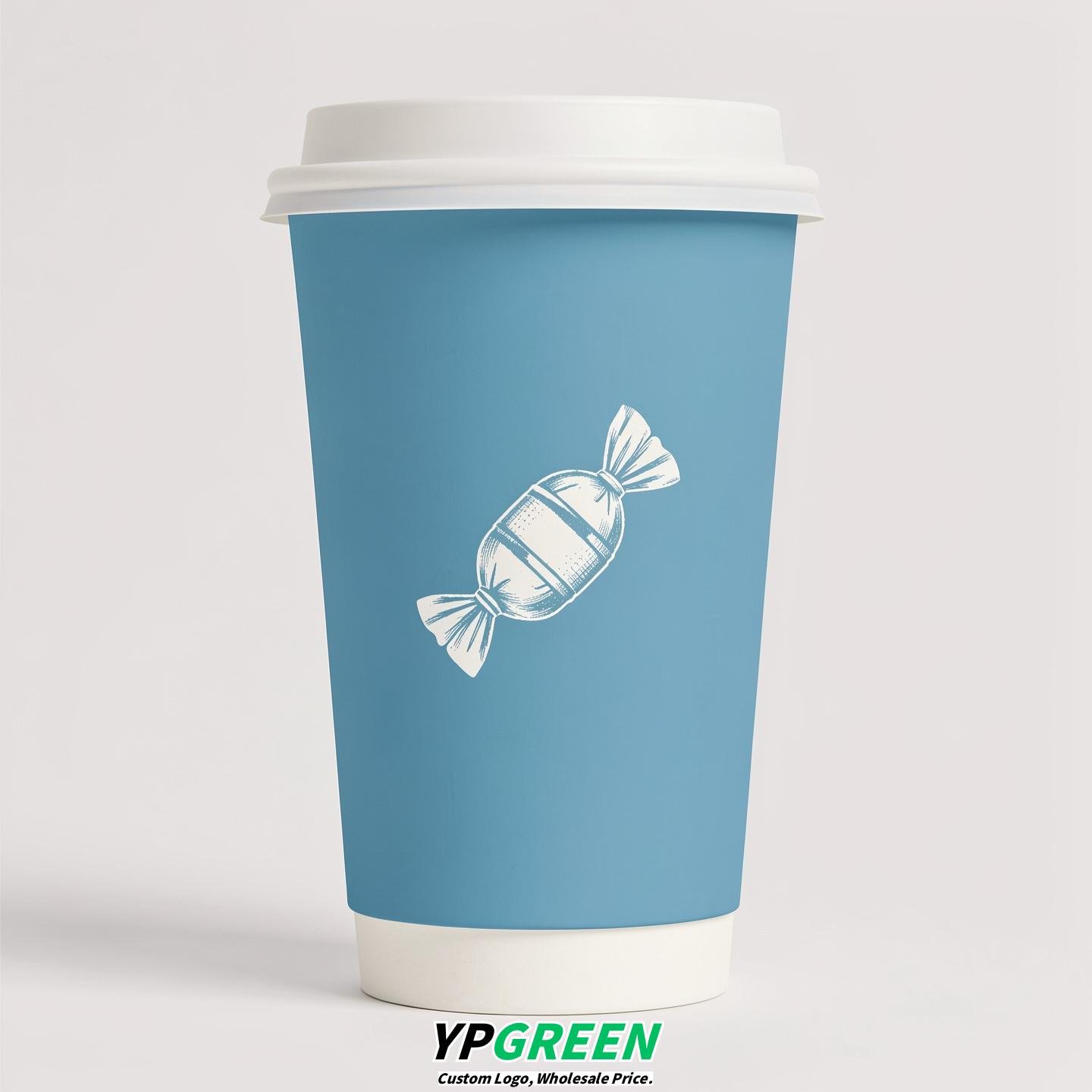 Robin Egg Blue Paper Cups with Candy Logo & Lids 8-24oz