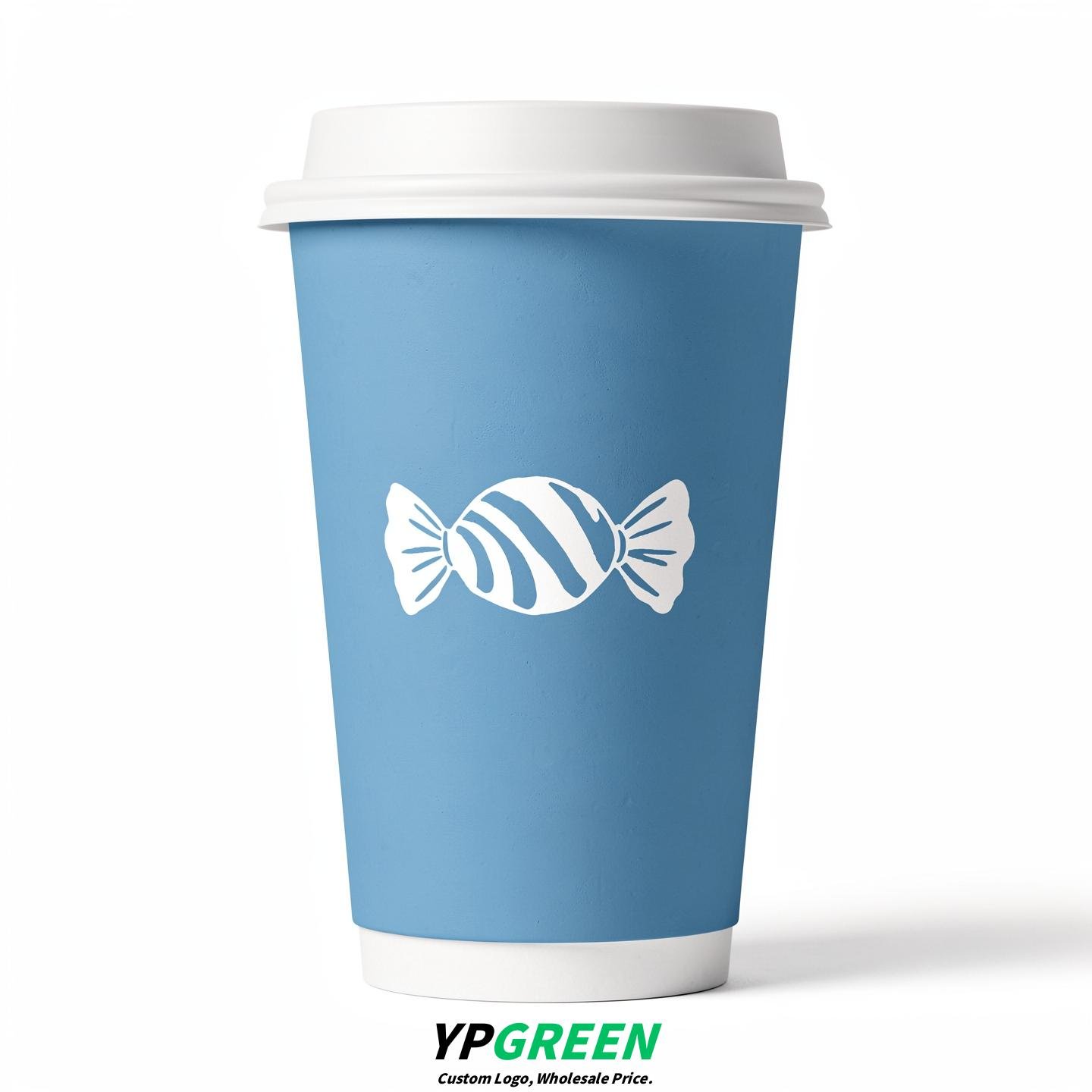 Robin Egg Blue Paper Cups with Candy Logo & Lids 8-24oz