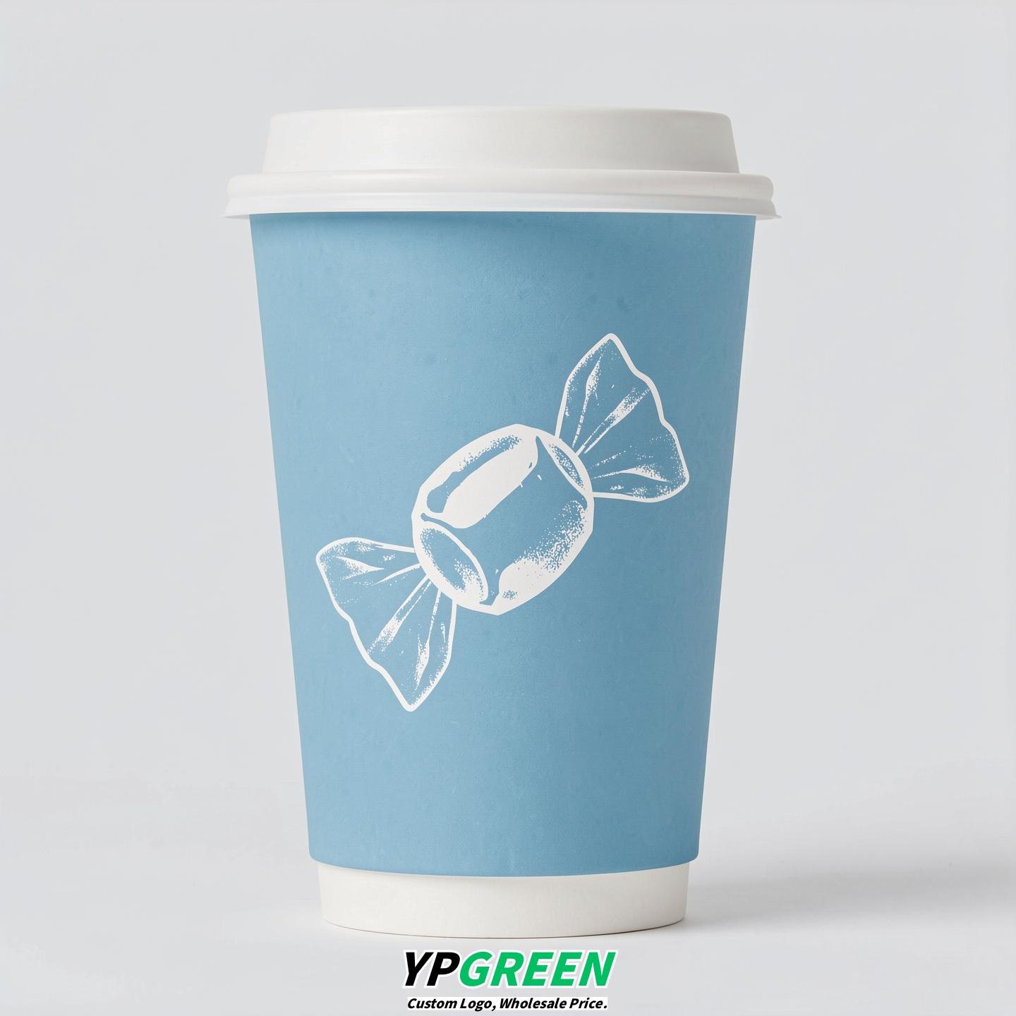 Robin Egg Blue Paper Cups with Candy Logo & Lids 8-24oz