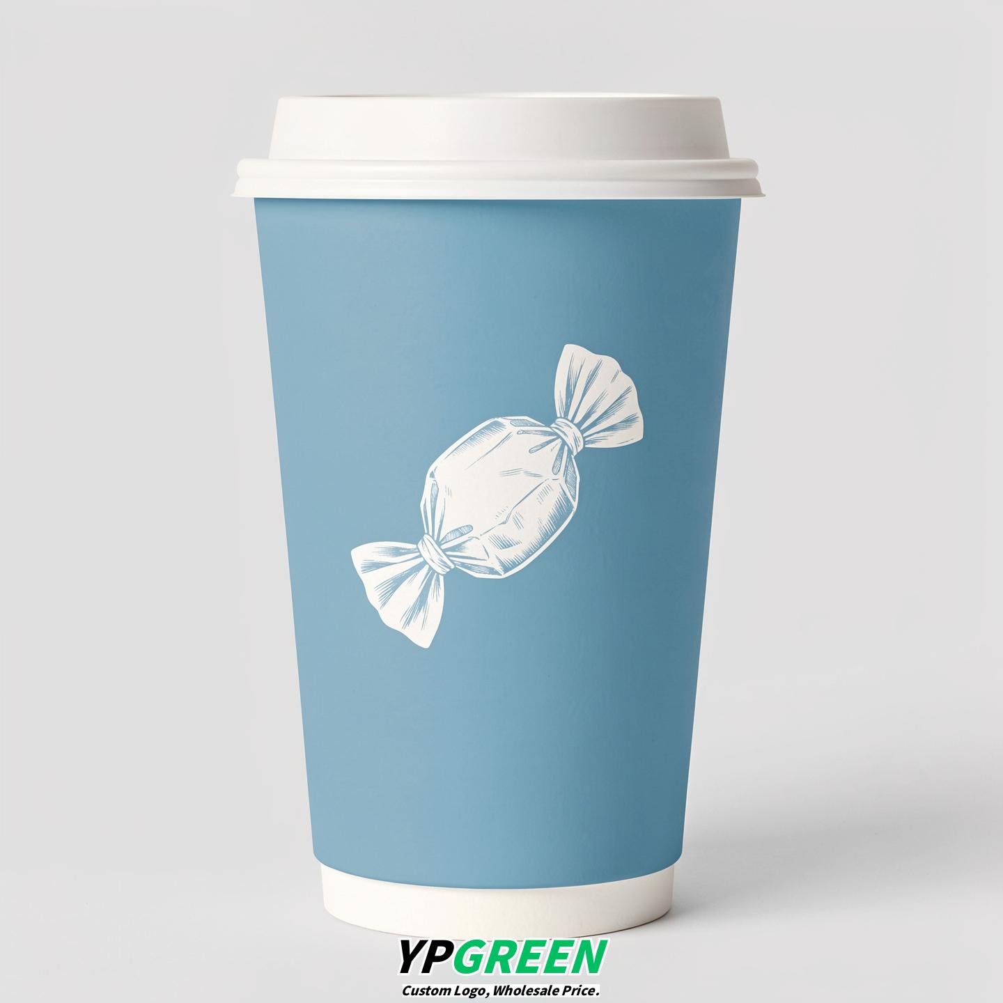 Robin Egg Blue Paper Cups with Candy Logo & Lids 8-24oz