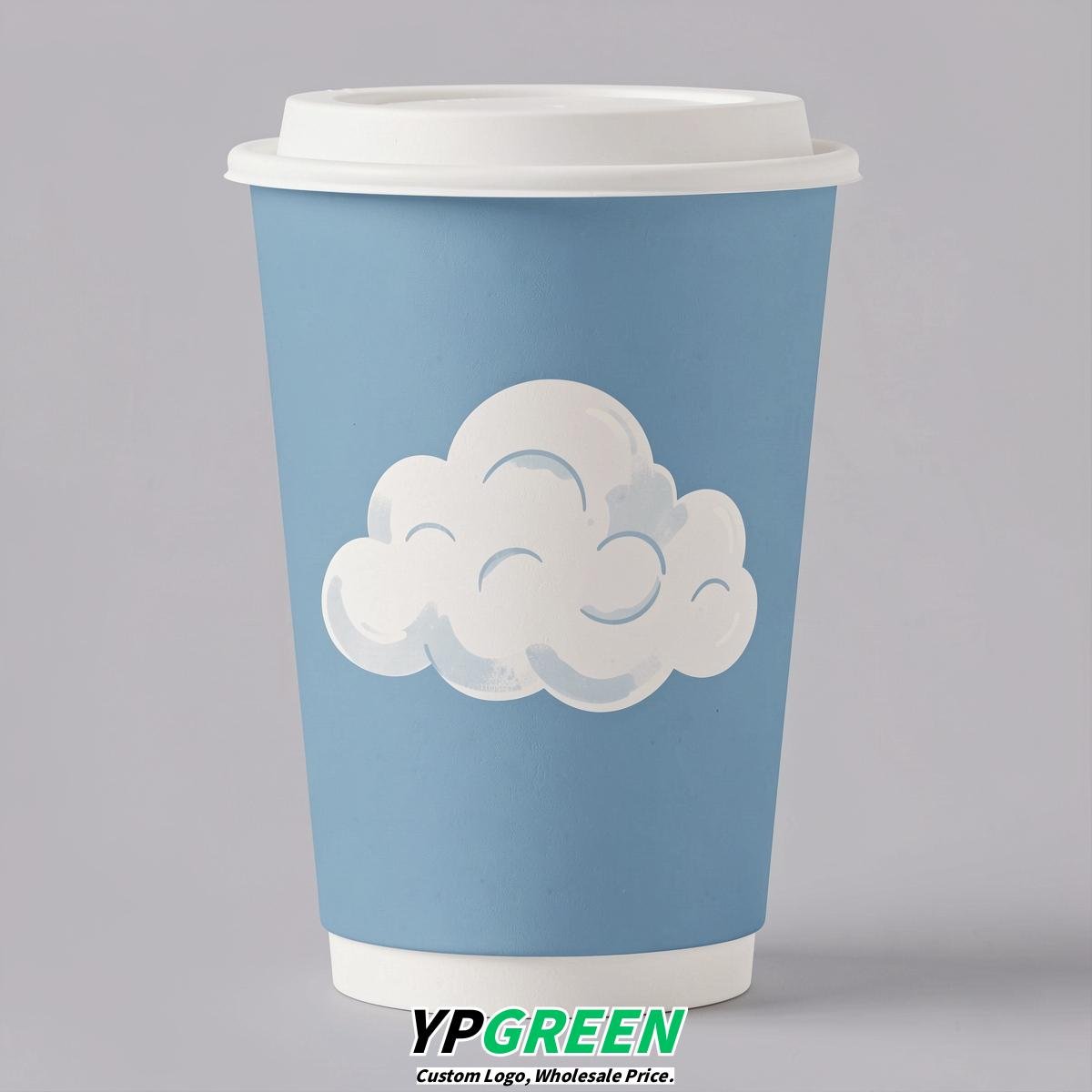 Robin Egg Blue Paper Cups with Clouds Logo & Lids 8-24oz