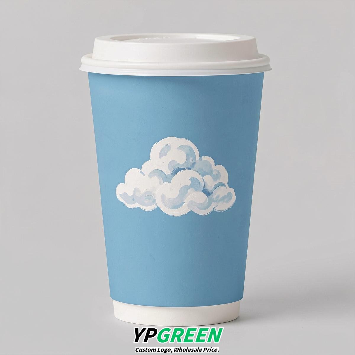 Robin Egg Blue Paper Cups with Clouds Logo & Lids 8-24oz