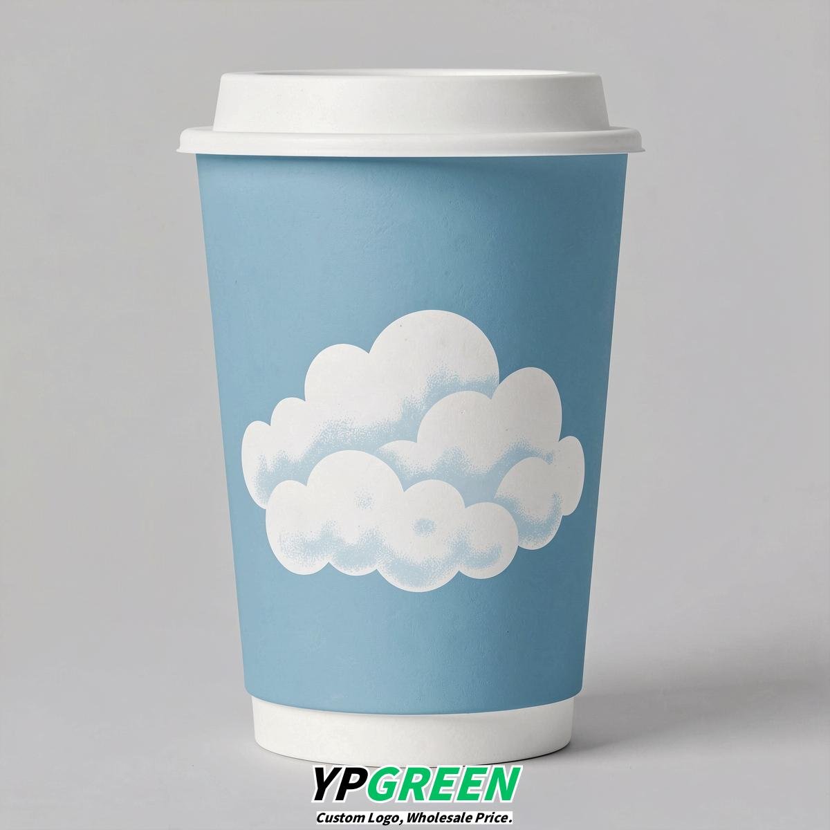 Robin Egg Blue Paper Cups with Clouds Logo & Lids 8-24oz
