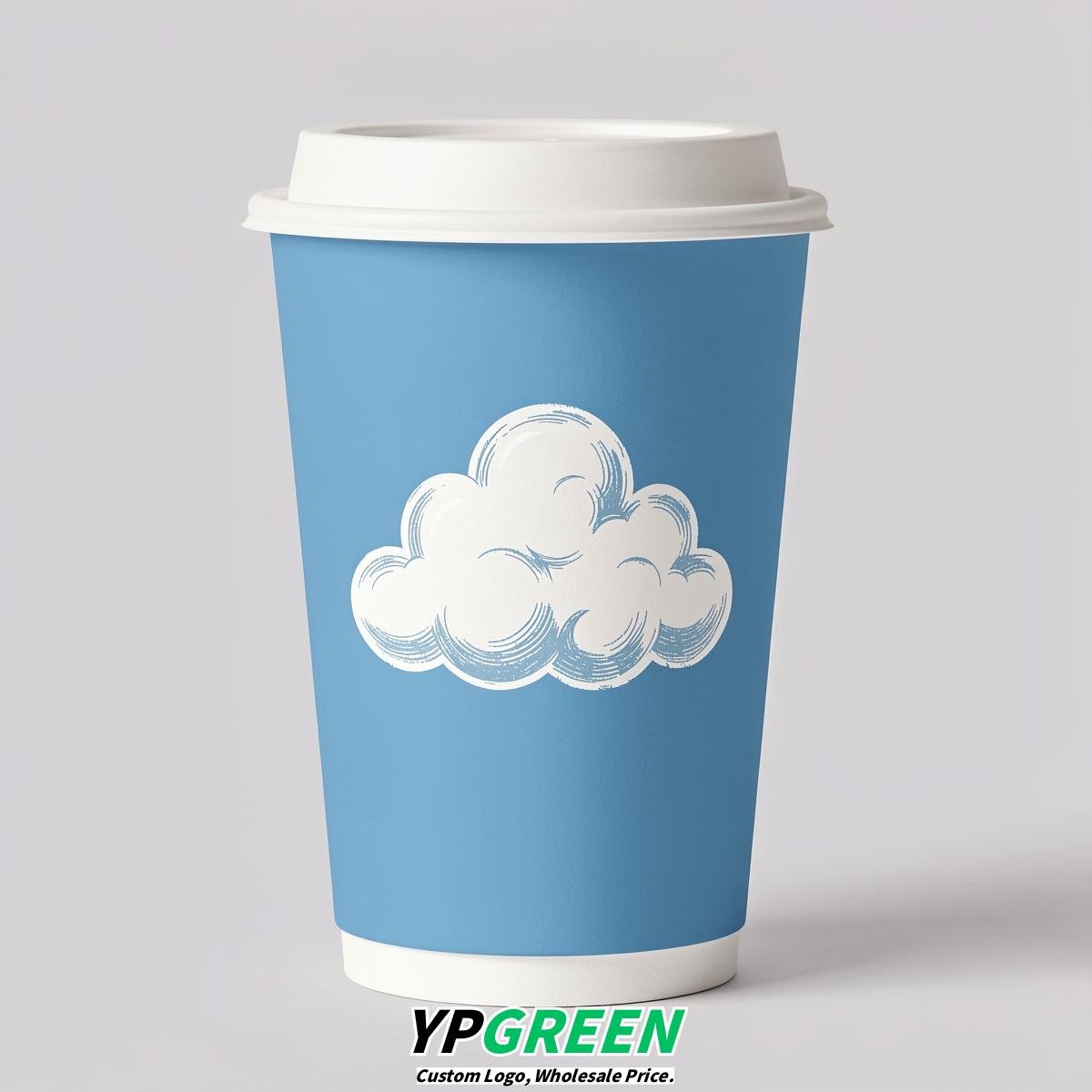 Robin Egg Blue Paper Cups with Clouds Logo & Lids 8-24oz