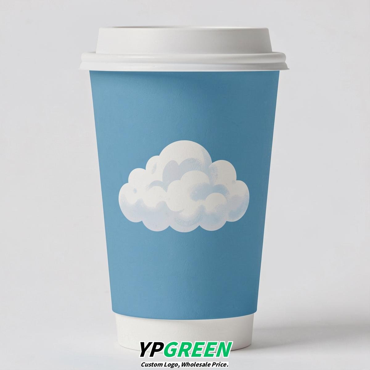 Robin Egg Blue Paper Cups with Clouds Logo & Lids 8-24oz