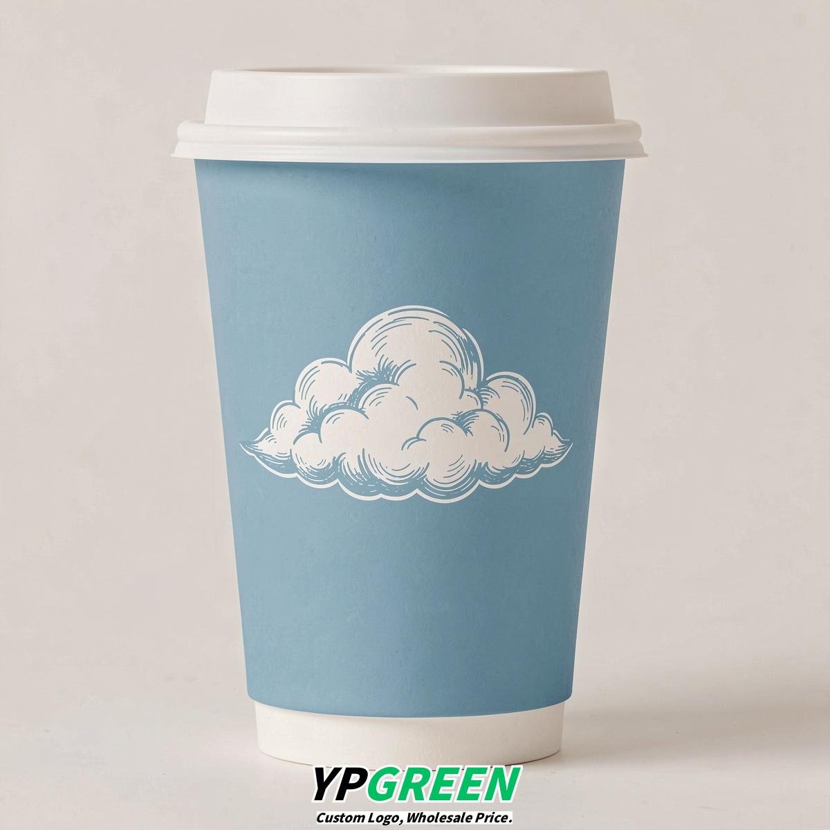 Robin Egg Blue Paper Cups with Clouds Logo & Lids 8-24oz