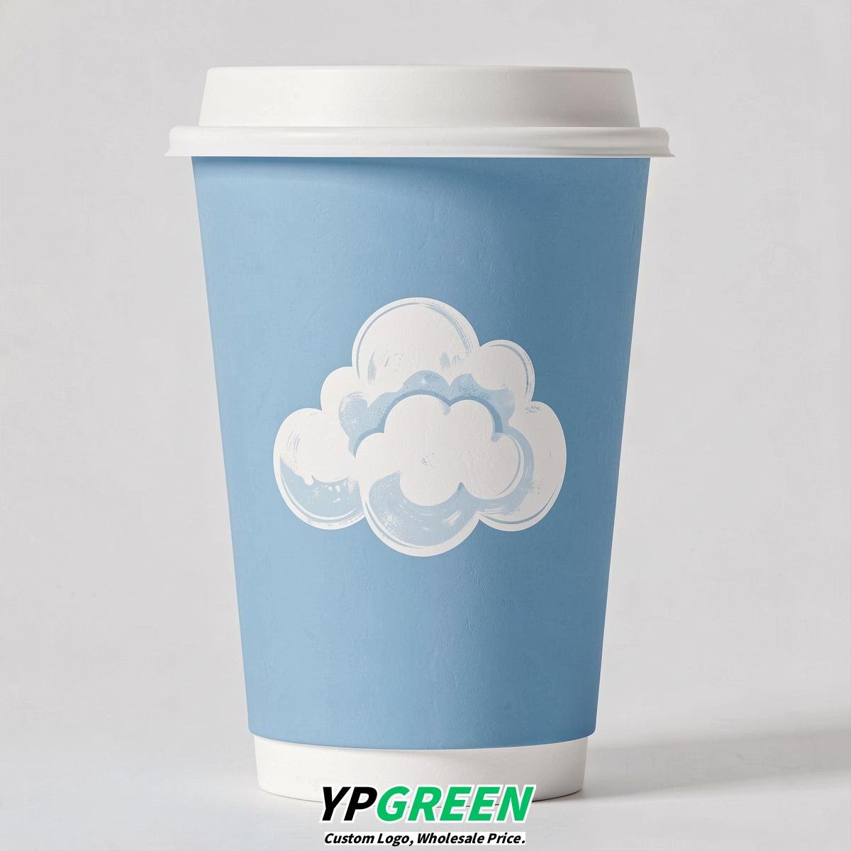 Robin Egg Blue Paper Cups with Clouds Logo & Lids 8-24oz
