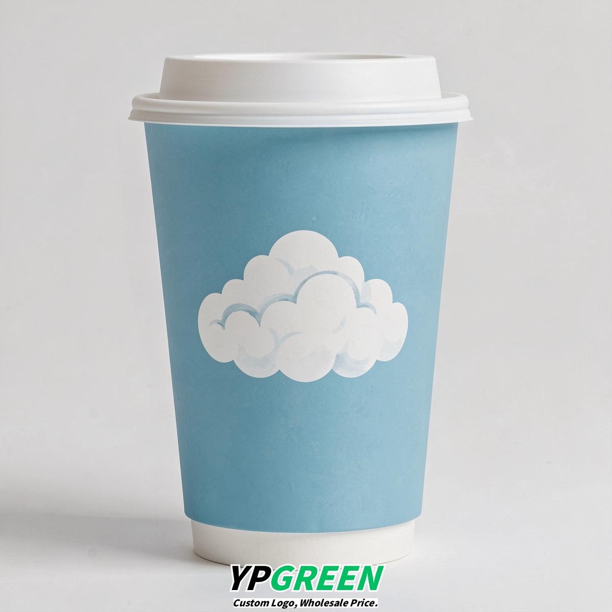 Robin Egg Blue Paper Cups with Clouds Logo & Lids 8-24oz