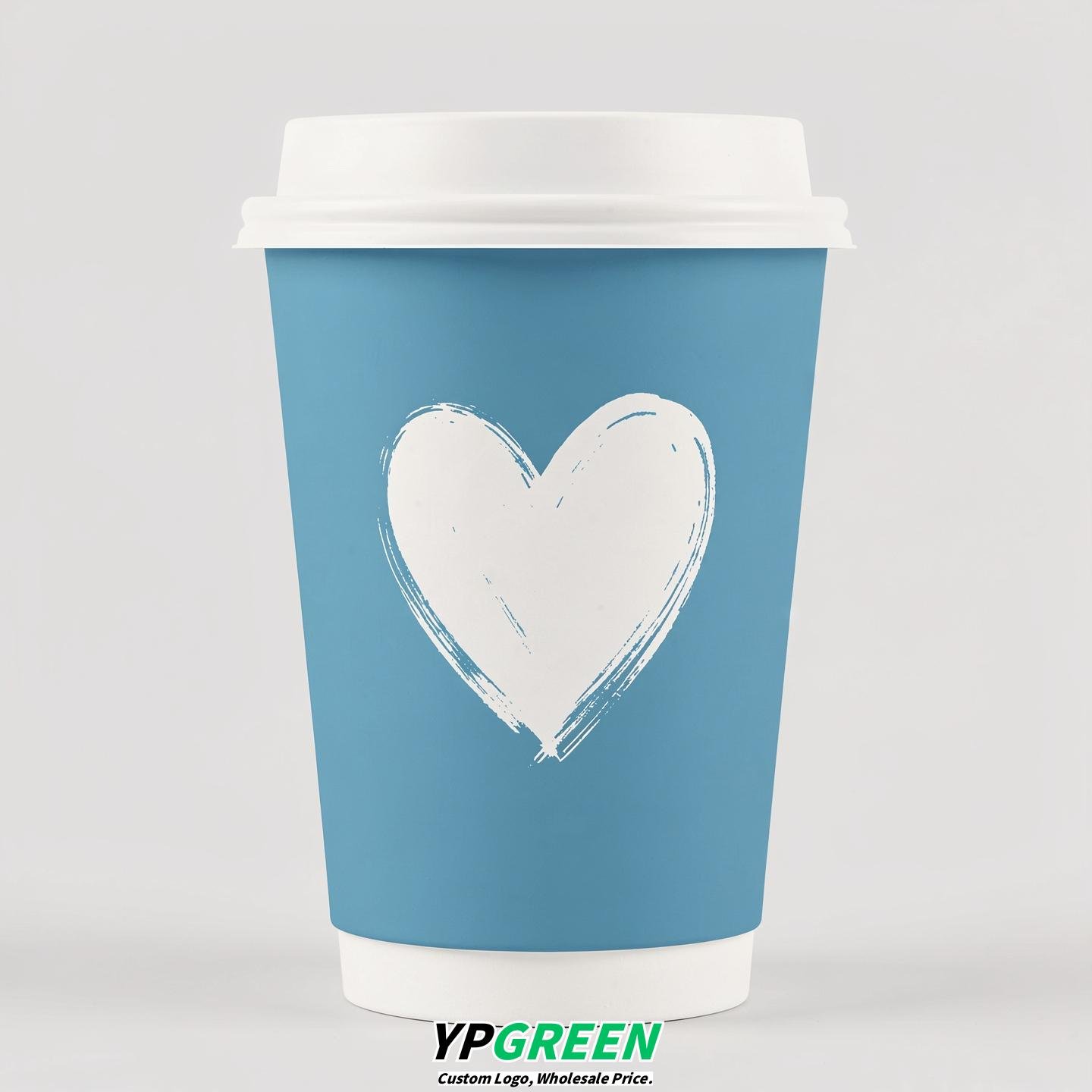 Robin Egg Blue Heart Paper Cups with Lids 8-24oz