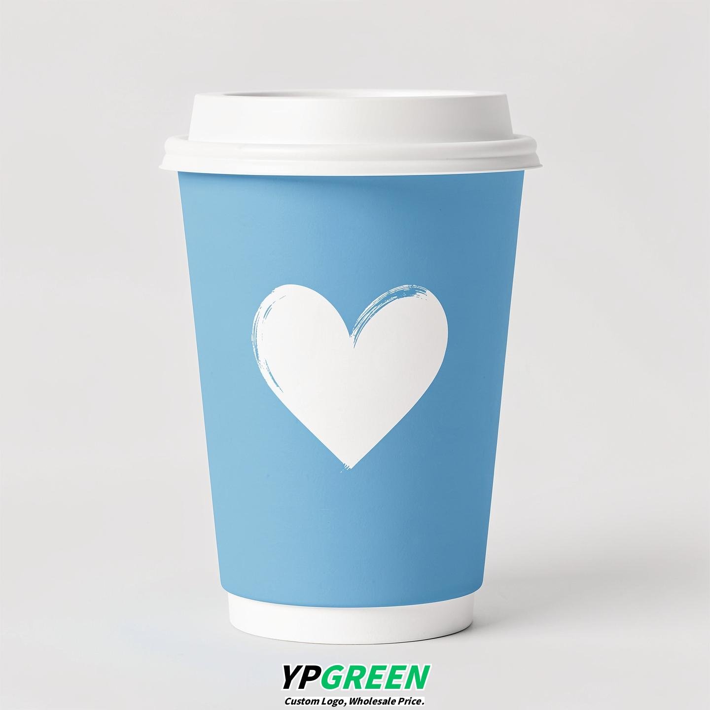 Robin Egg Blue Heart Paper Cups with Lids 8-24oz