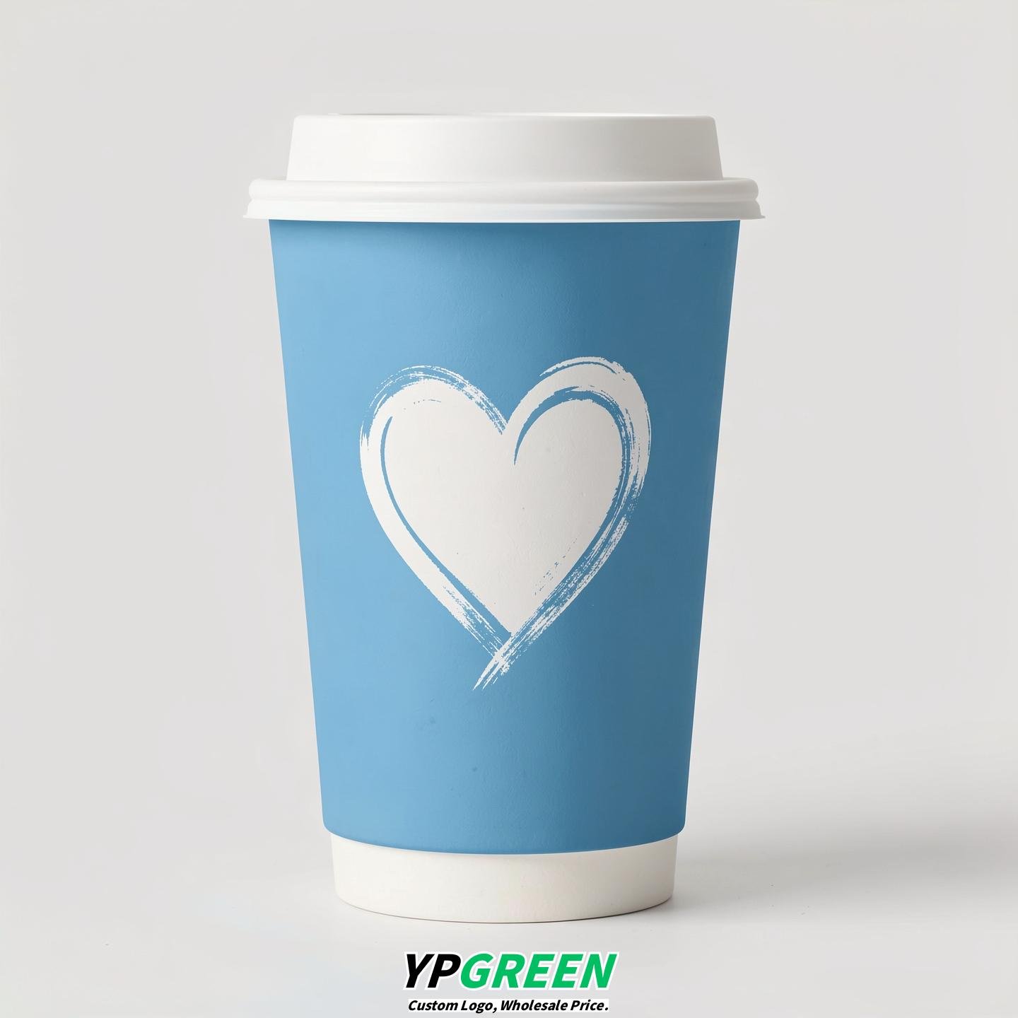Robin Egg Blue Heart Paper Cups with Lids 8-24oz
