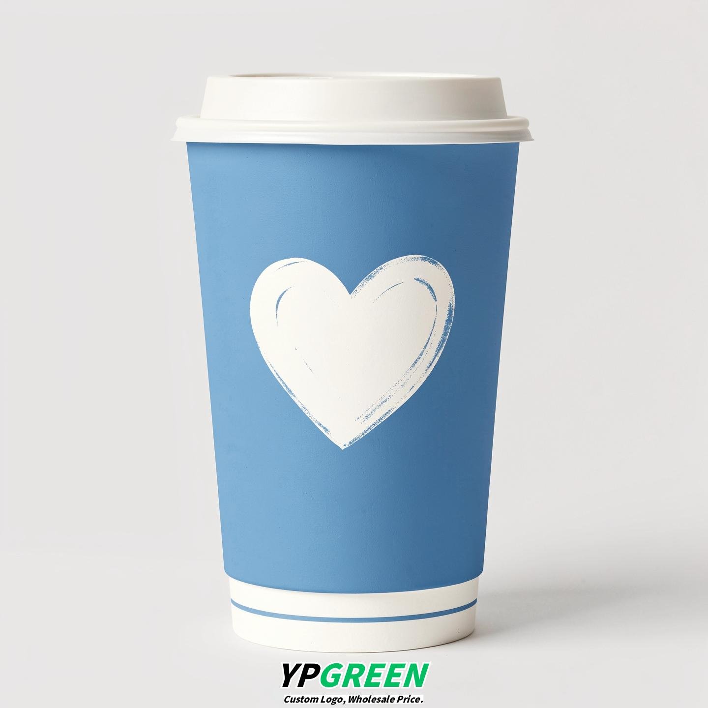 Robin Egg Blue Heart Paper Cups with Lids 8-24oz