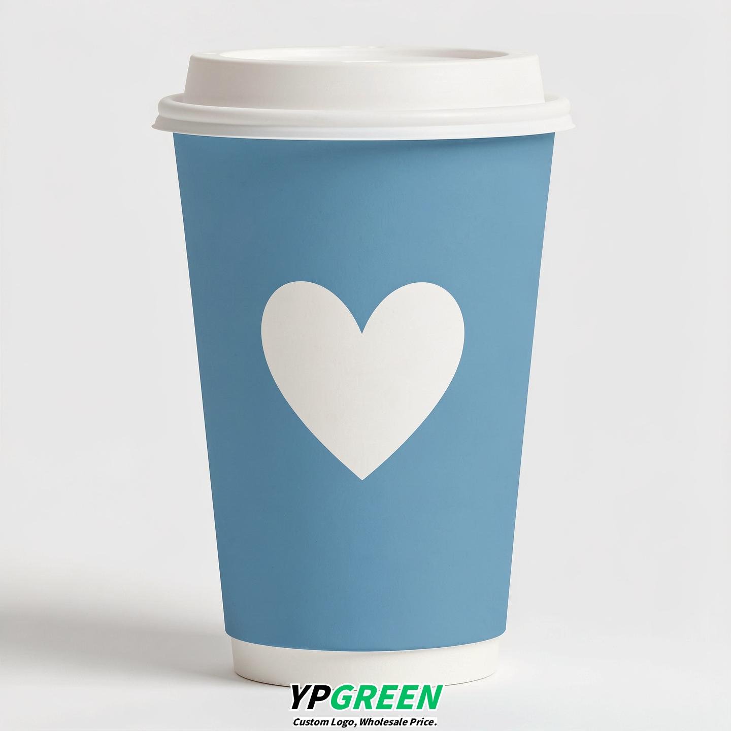 Robin Egg Blue Heart Paper Cups with Lids 8-24oz