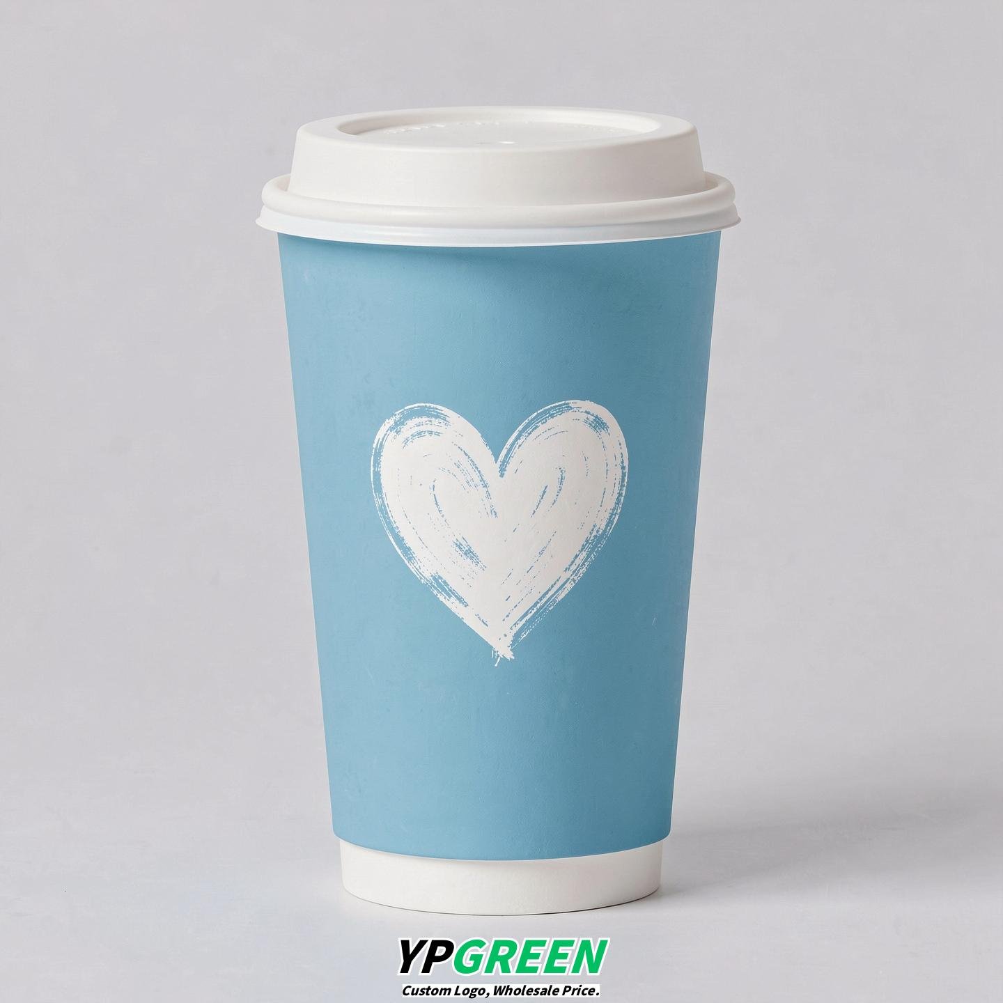 Robin Egg Blue Heart Paper Cups with Lids 8-24oz