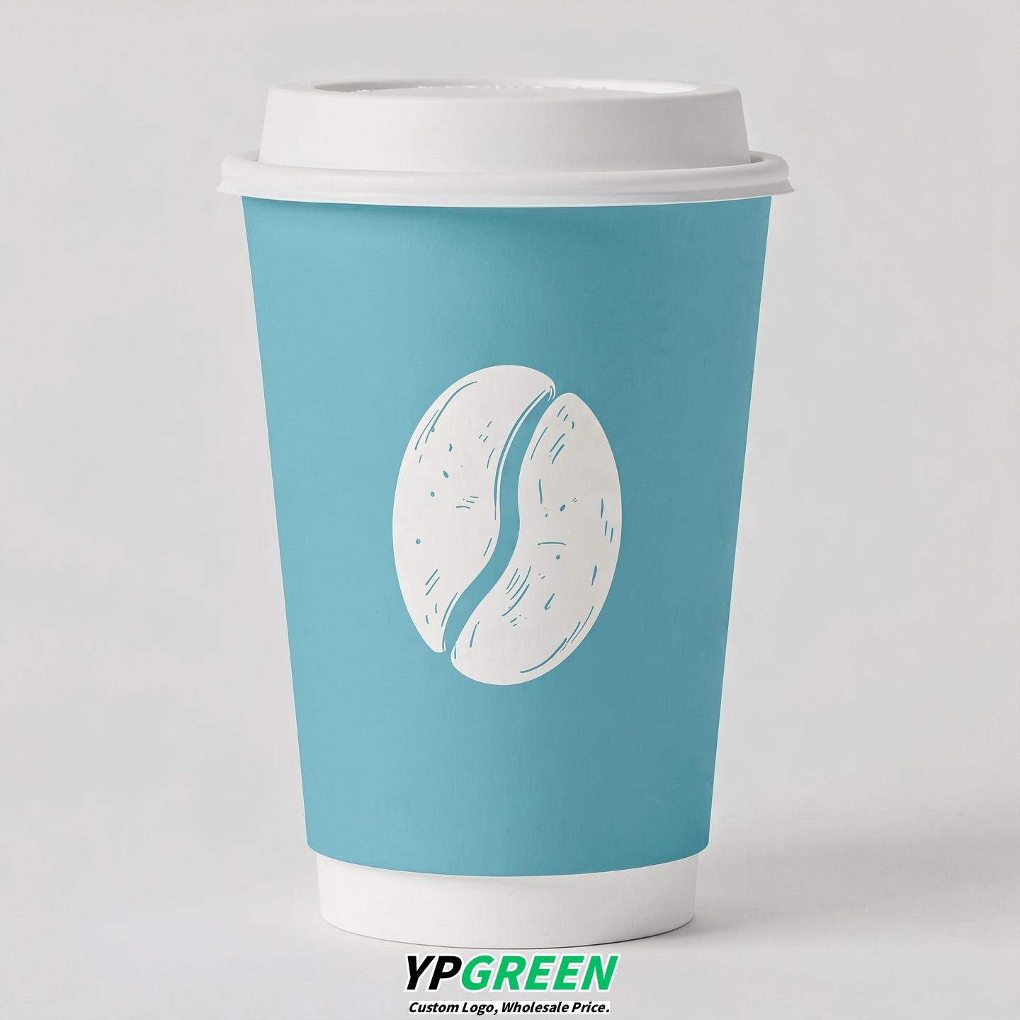 Robin Egg Blue Paper Cups with Coffee Bean Logo & Lids 8-24oz