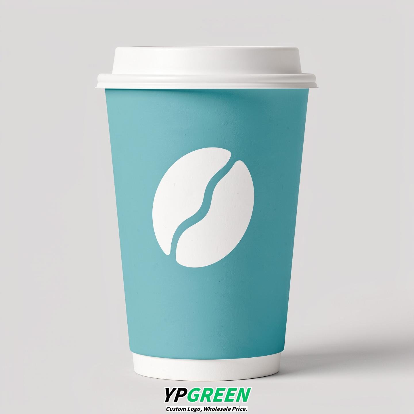 Robin Egg Blue Paper Cups with Coffee Bean Logo & Lids 8-24oz
