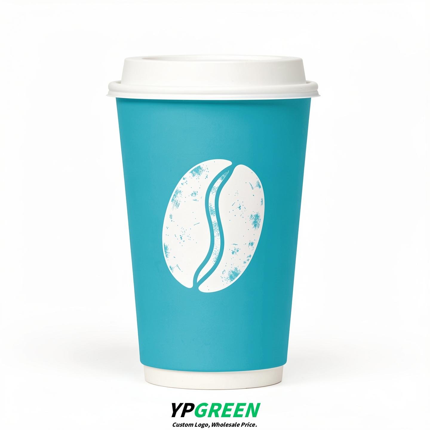 Robin Egg Blue Paper Cups with Coffee Bean Logo & Lids 8-24oz