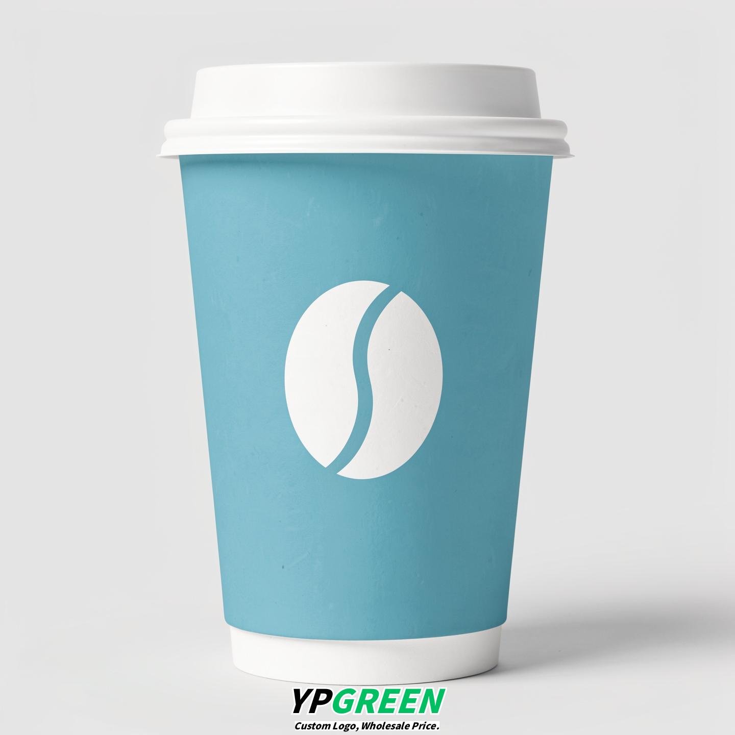 Robin Egg Blue Paper Cups with Coffee Bean Logo & Lids 8-24oz
