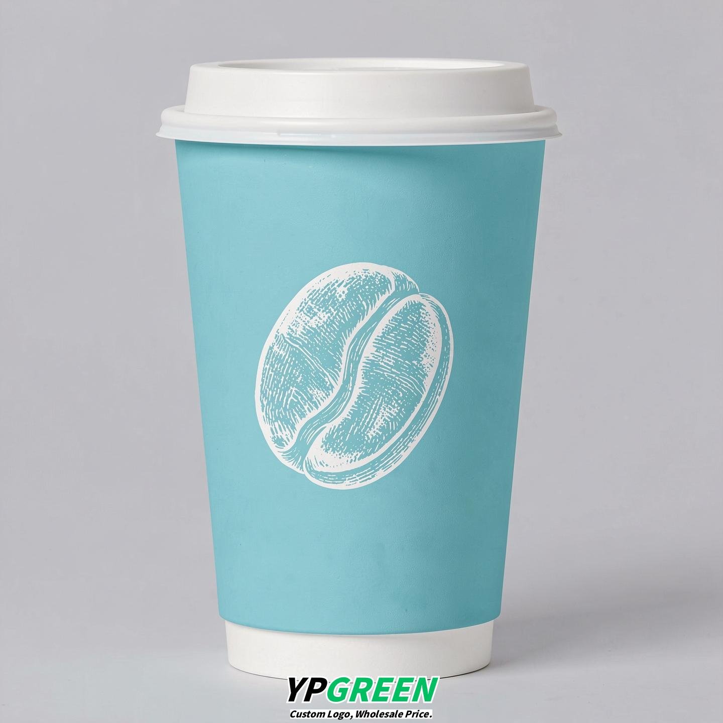 Robin Egg Blue Paper Cups with Coffee Bean Logo & Lids 8-24oz