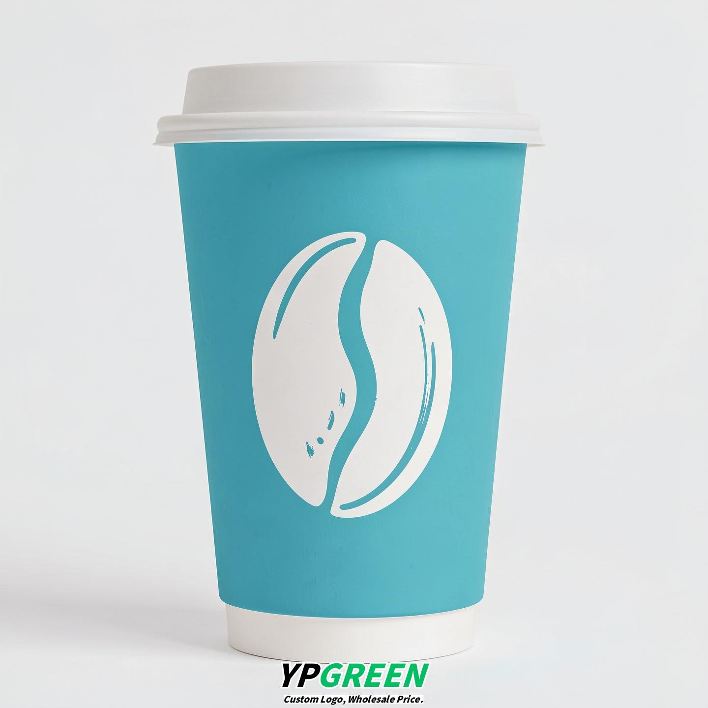 Robin Egg Blue Paper Cups with Coffee Bean Logo & Lids 8-24oz
