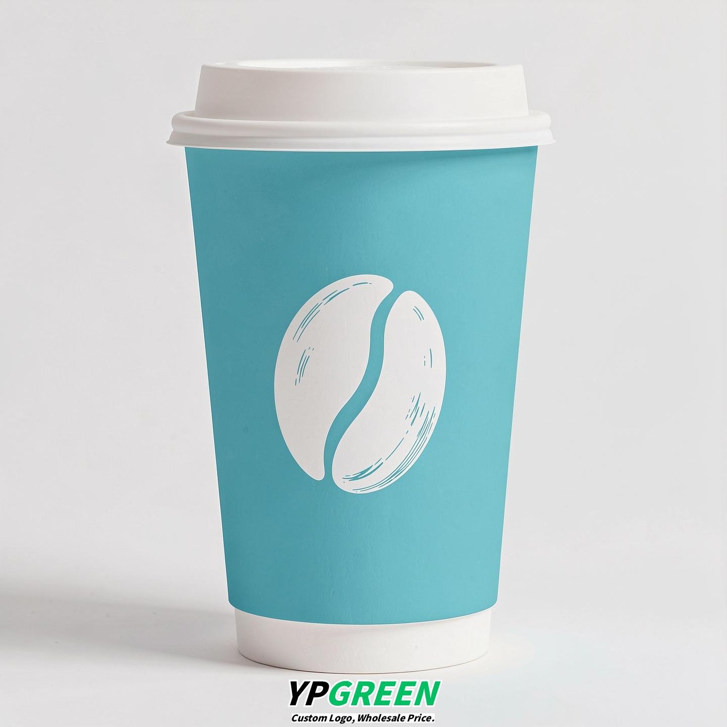 Robin Egg Blue Paper Cups with Coffee Bean Logo & Lids 8-24oz
