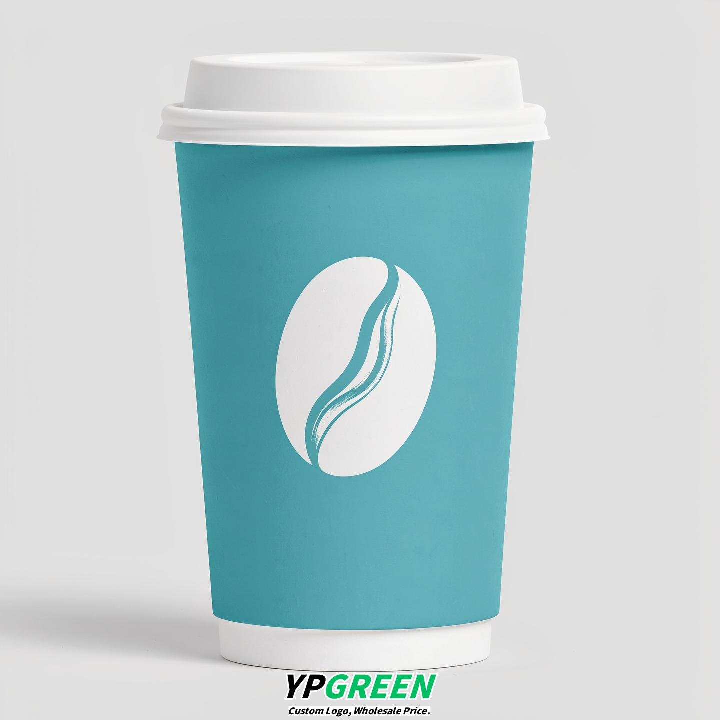 Robin Egg Blue Paper Cups with Coffee Bean Logo & Lids 8-24oz