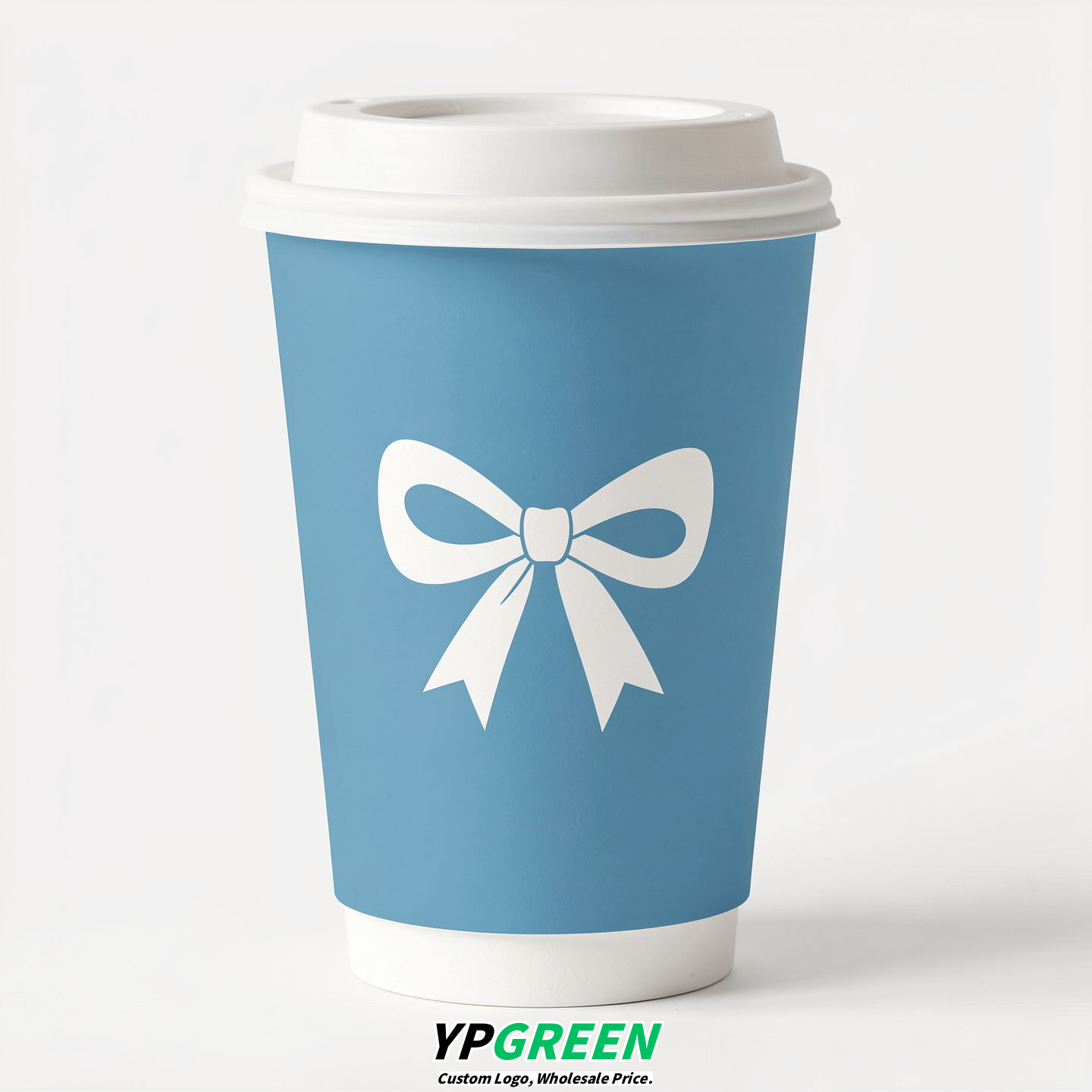 Robin Egg Blue Paper Cups with Bow Logo & Lids 8-24oz