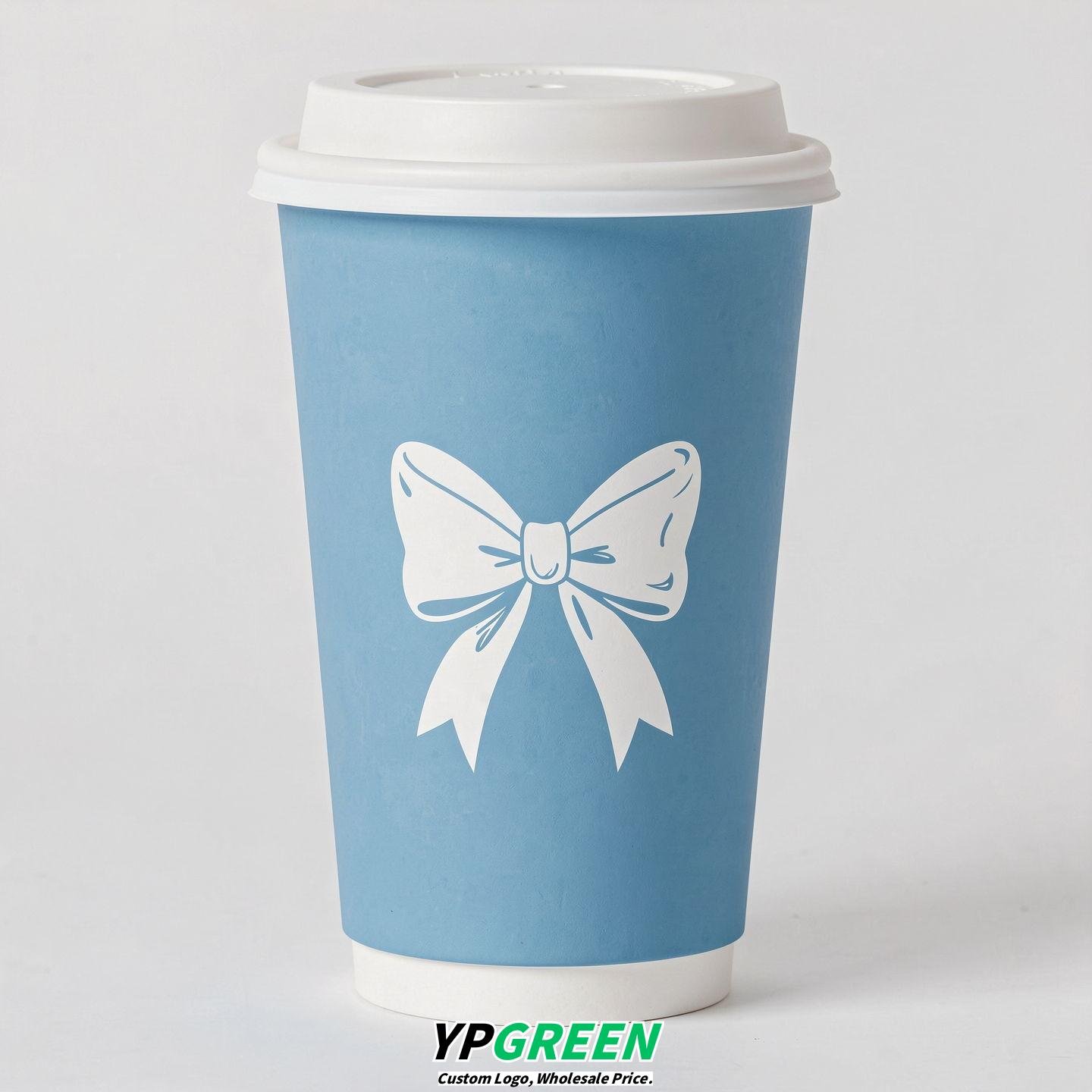 Robin Egg Blue Paper Cups with Bow Logo & Lids 8-24oz