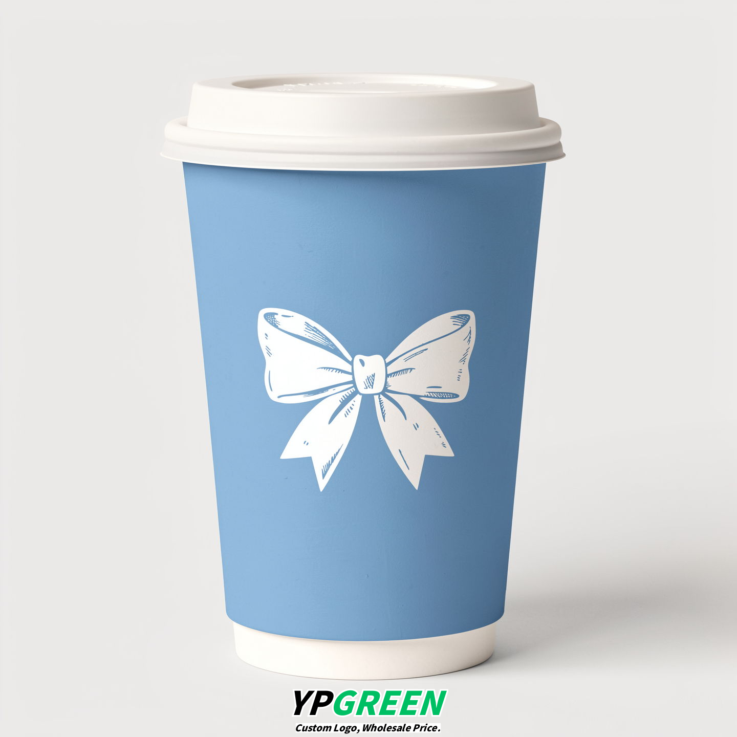 Robin Egg Blue Paper Cups with Bow Logo & Lids 8-24oz