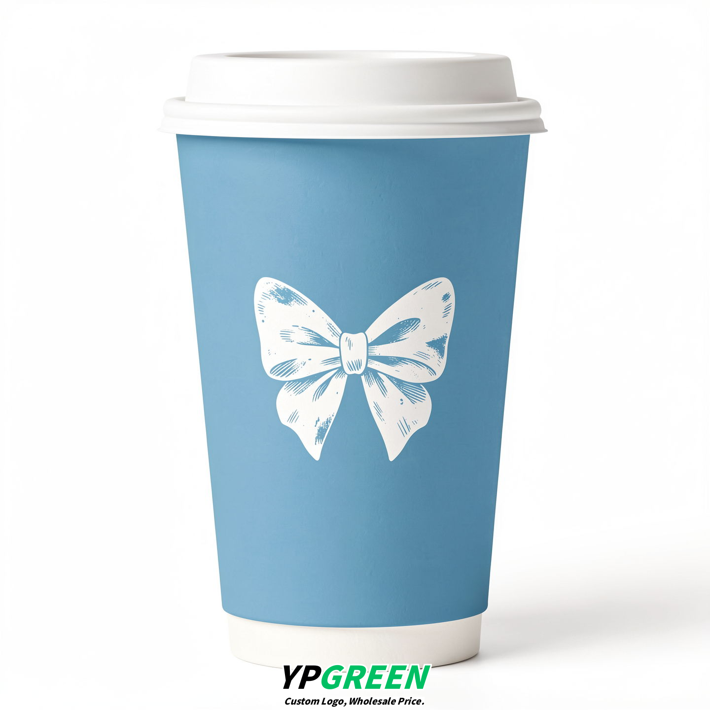 Robin Egg Blue Paper Cups with Bow Logo & Lids 8-24oz