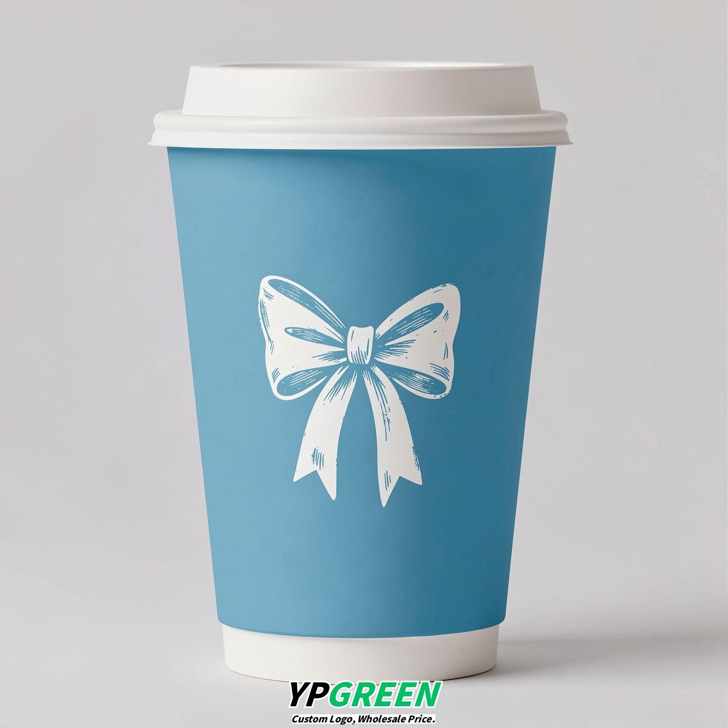 Robin Egg Blue Paper Cups with Bow Logo & Lids 8-24oz