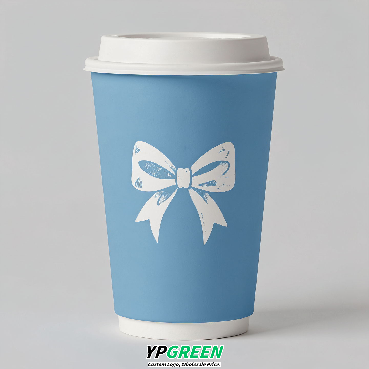Robin Egg Blue Paper Cups with Bow Logo & Lids 8-24oz