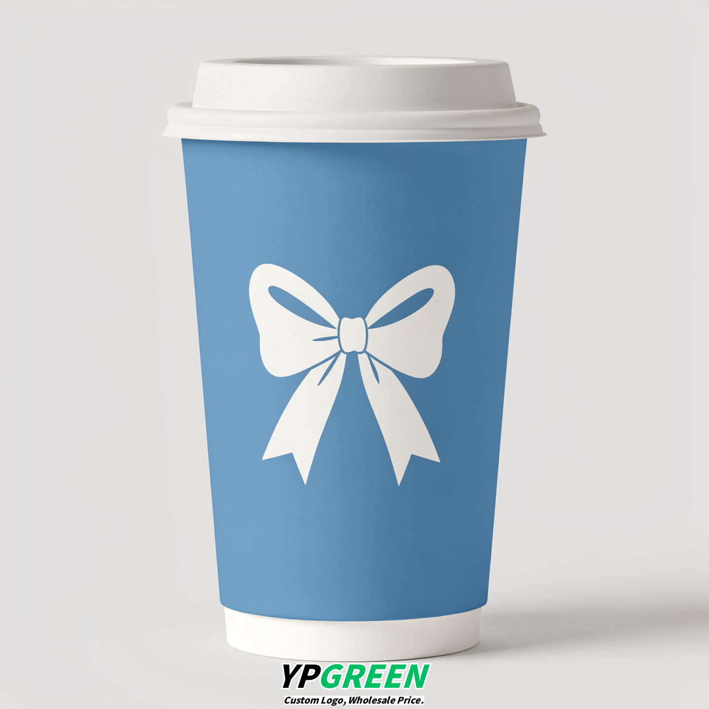 Robin Egg Blue Paper Cups with Bow Logo & Lids 8-24oz