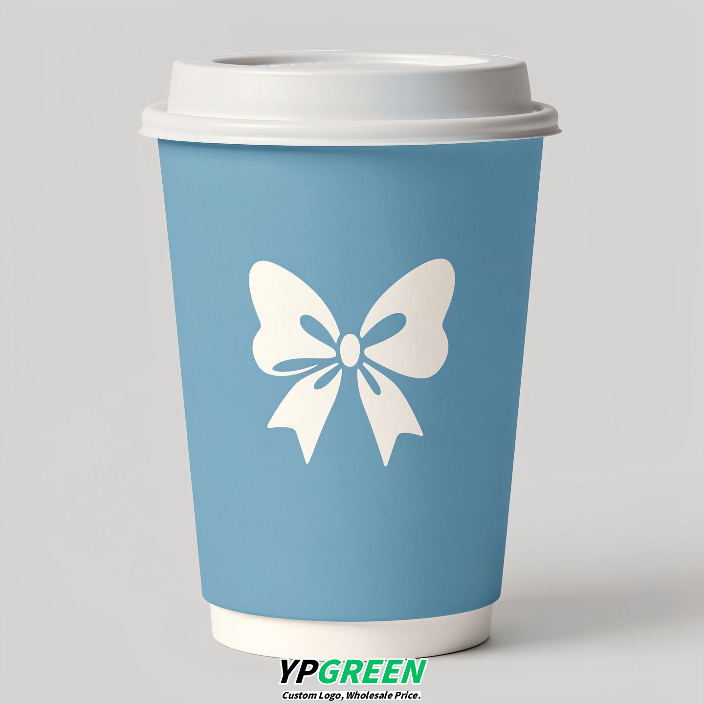 Robin Egg Blue Paper Cups with Bow Logo & Lids 8-24oz