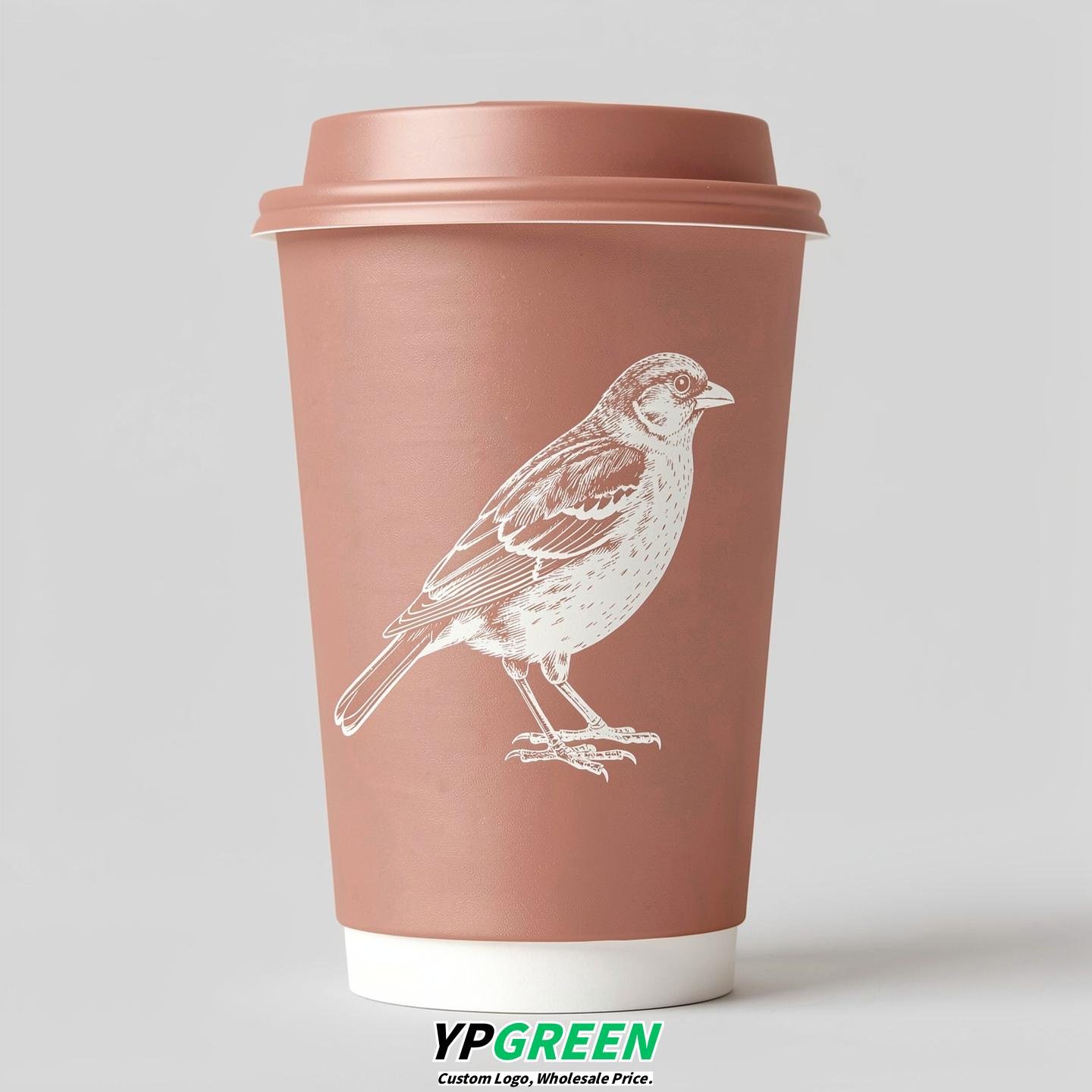 Rose Gold Paper Cups with Bird Logo & Lids 8-24oz