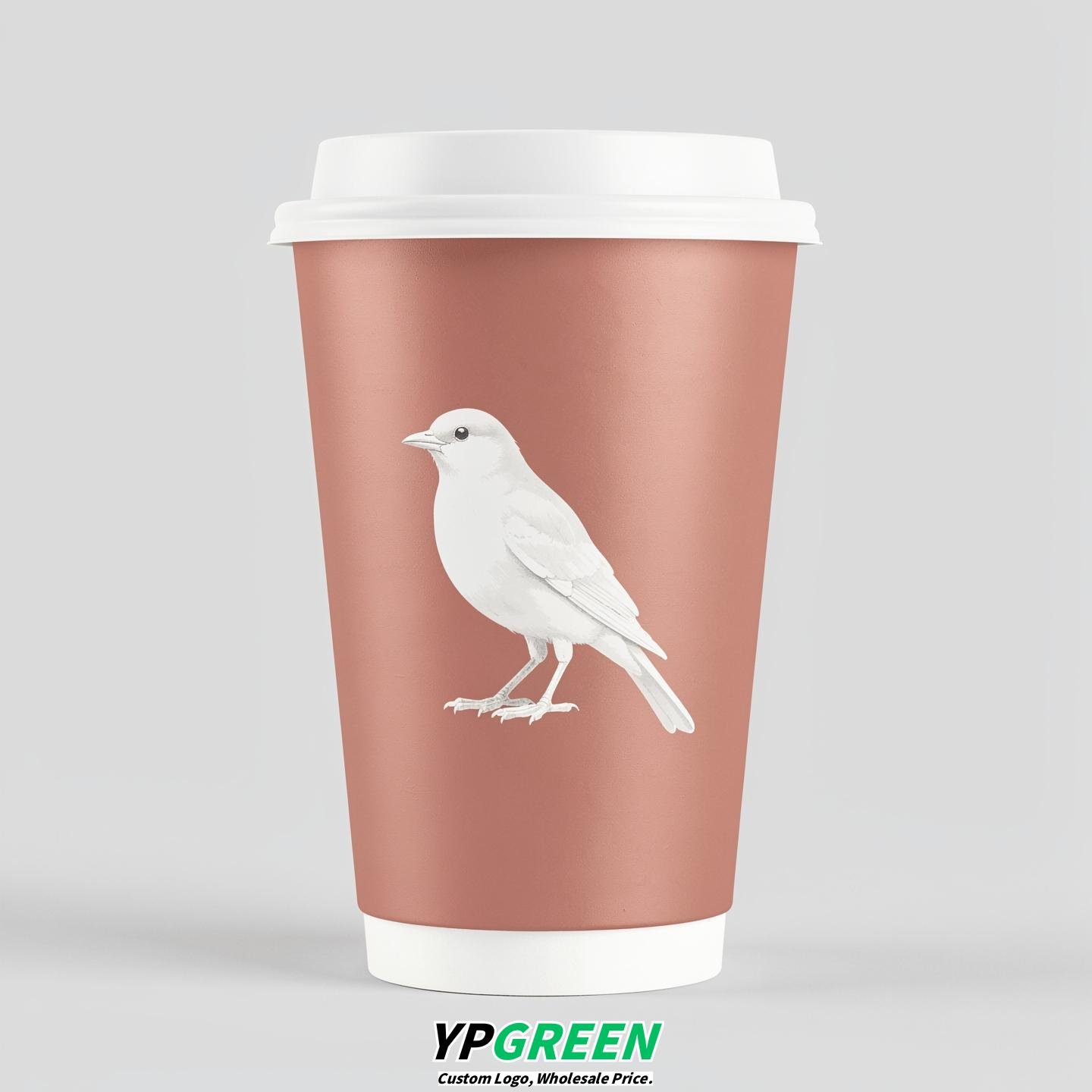 Rose Gold Paper Cups with Bird Logo & Lids 8-24oz