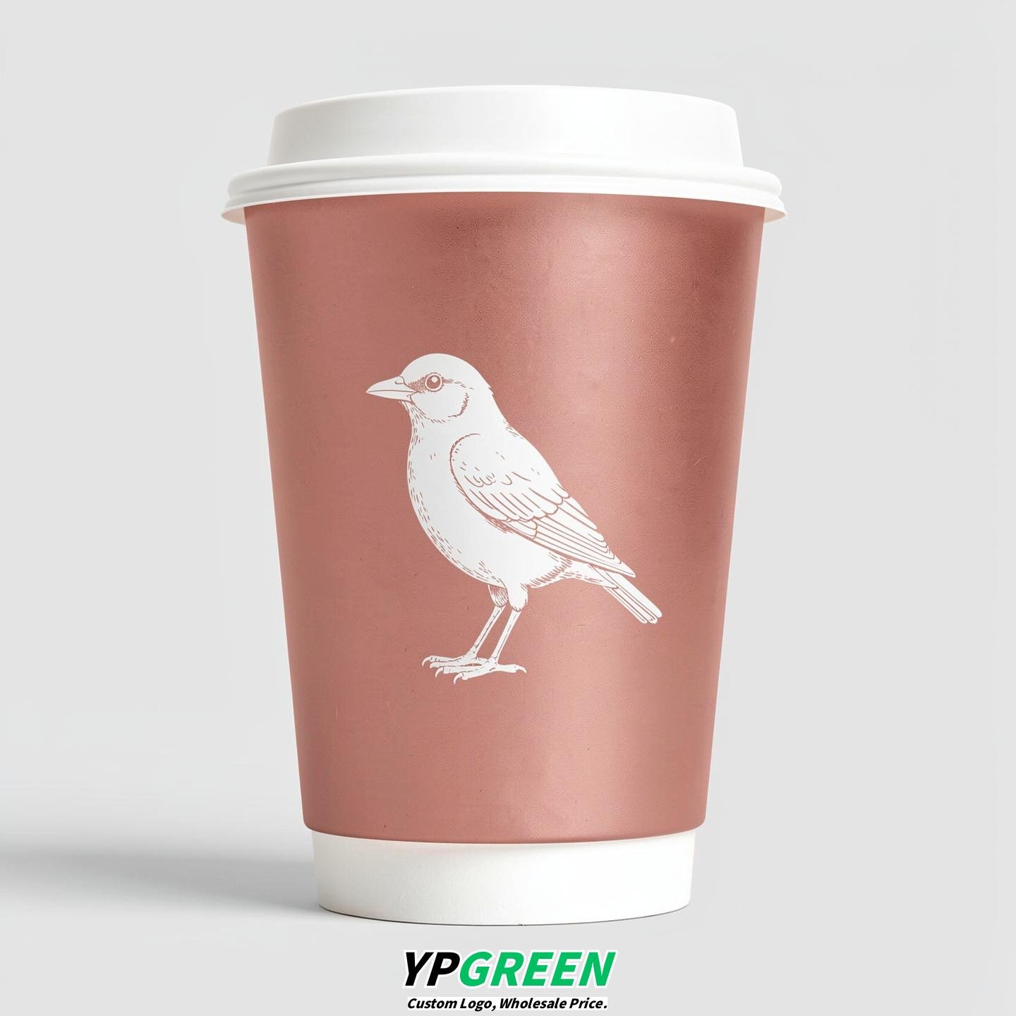 Rose Gold Paper Cups with Bird Logo & Lids 8-24oz
