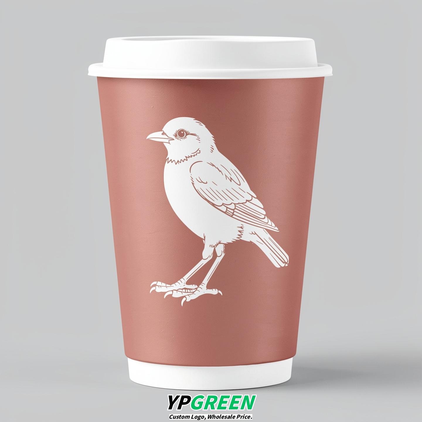 Rose Gold Paper Cups with Bird Logo & Lids 8-24oz
