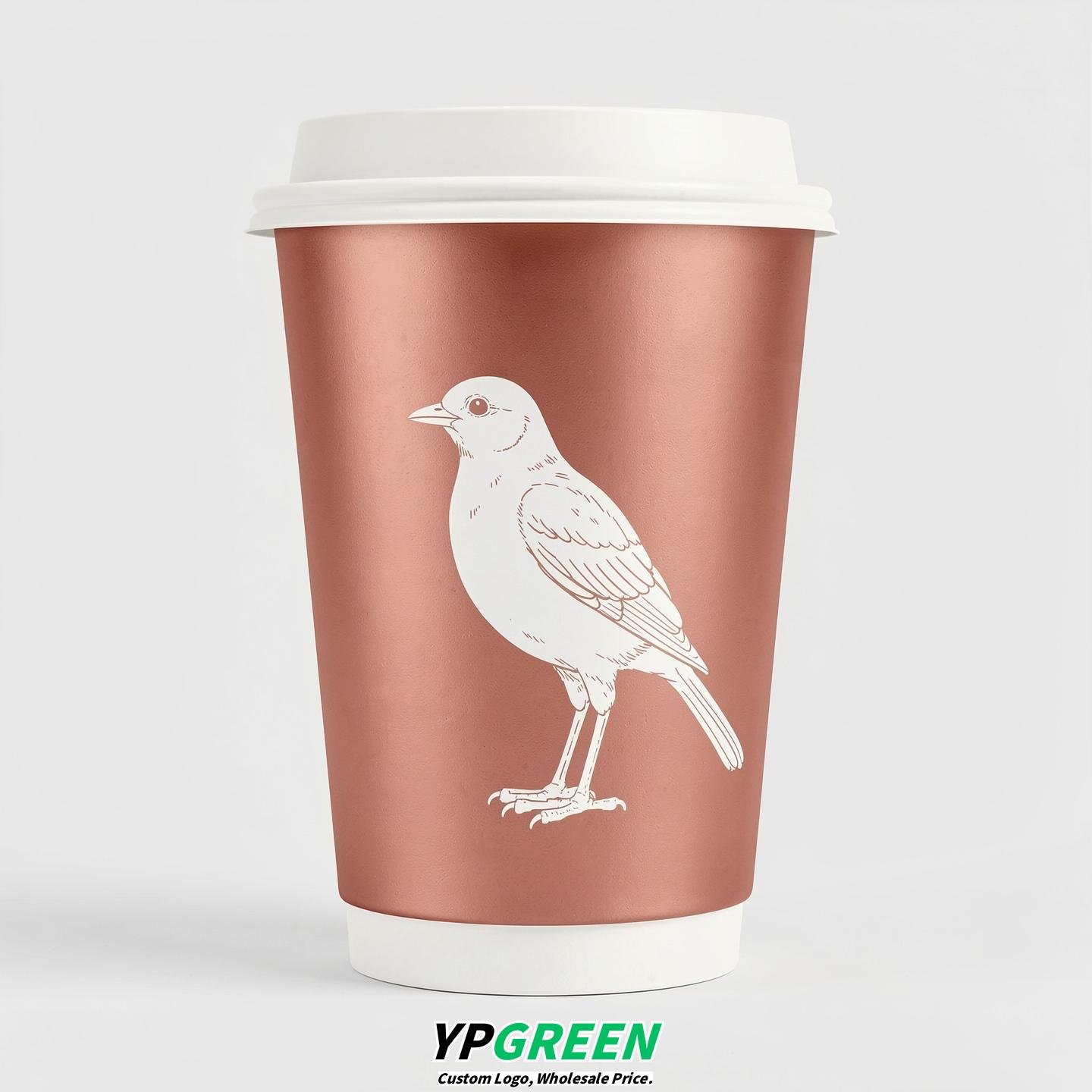 Rose Gold Paper Cups with Bird Logo & Lids 8-24oz