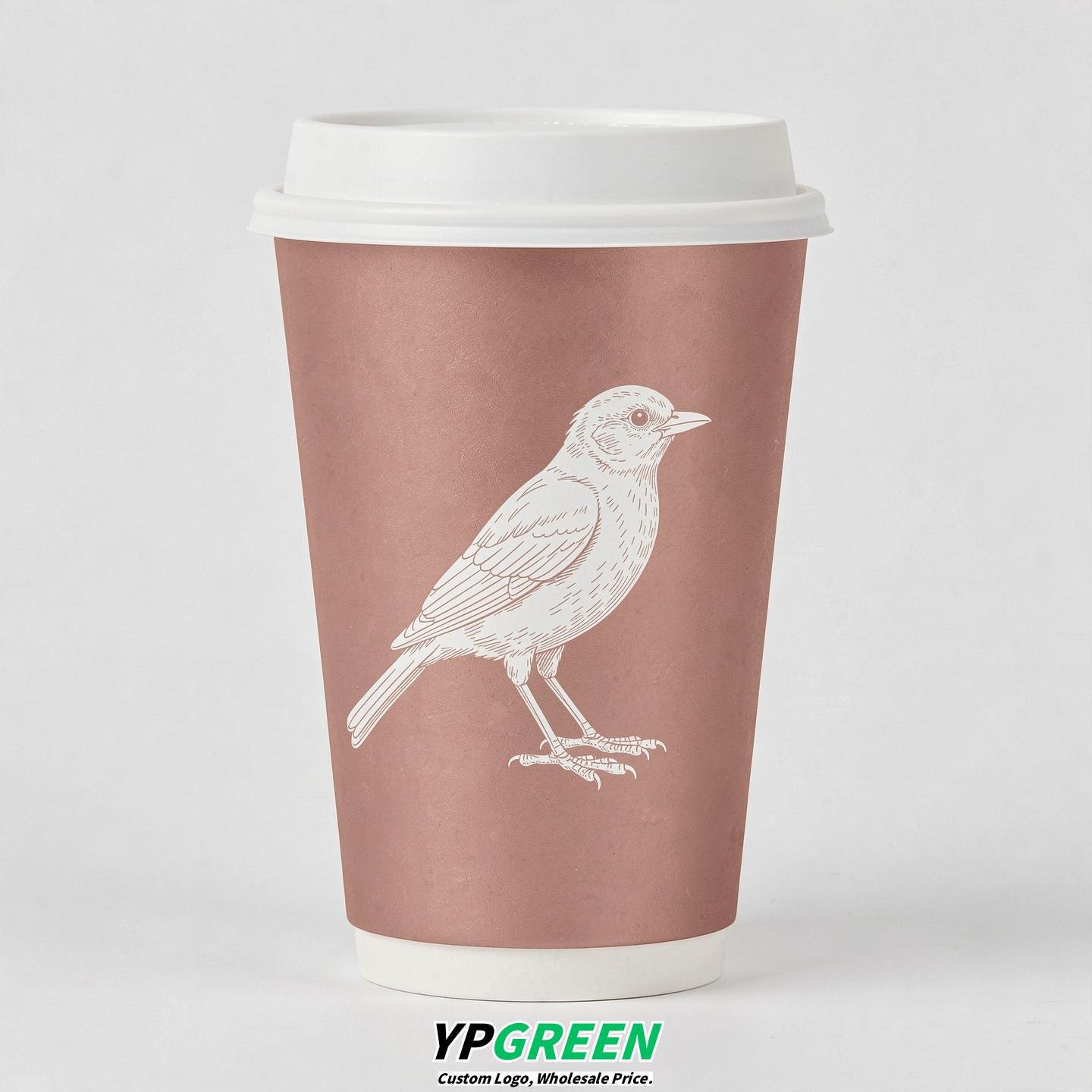 Rose Gold Paper Cups with Bird Logo & Lids 8-24oz