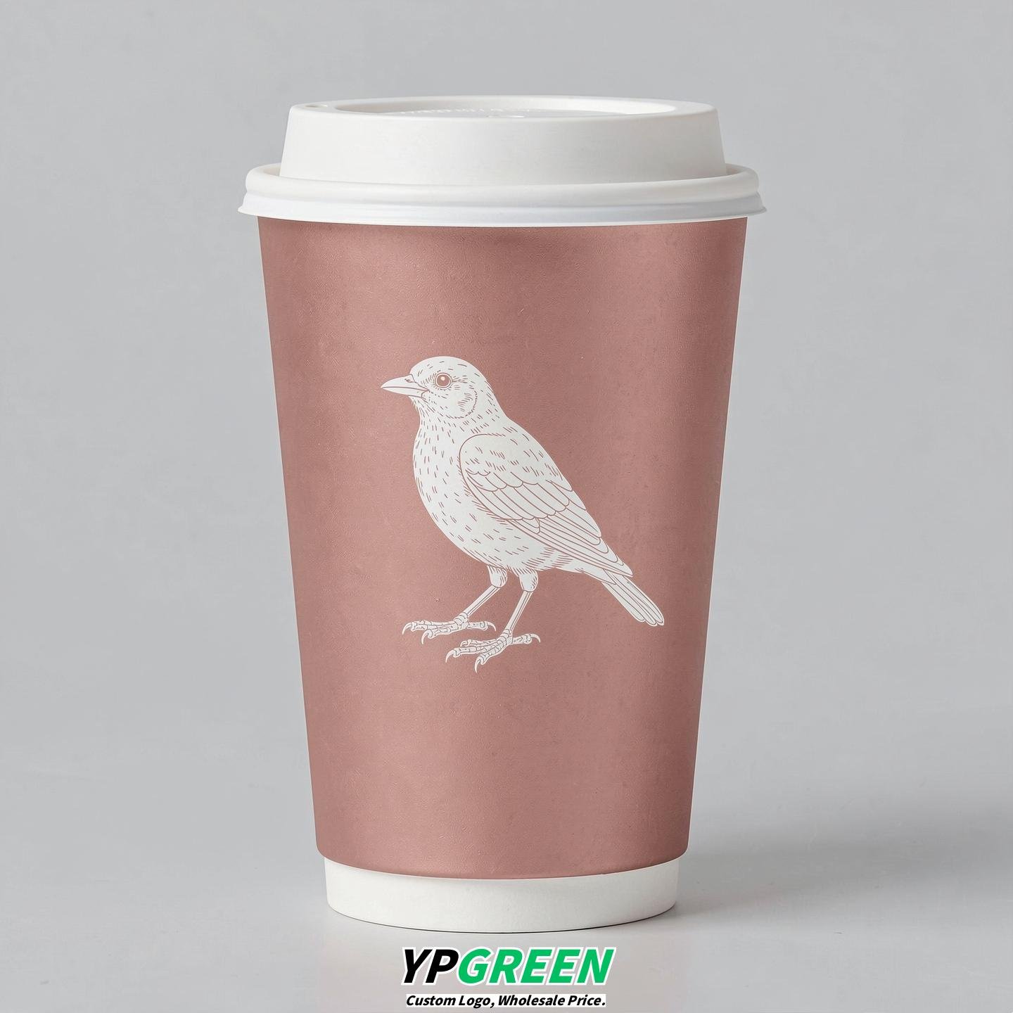 Rose Gold Paper Cups with Bird Logo & Lids 8-24oz