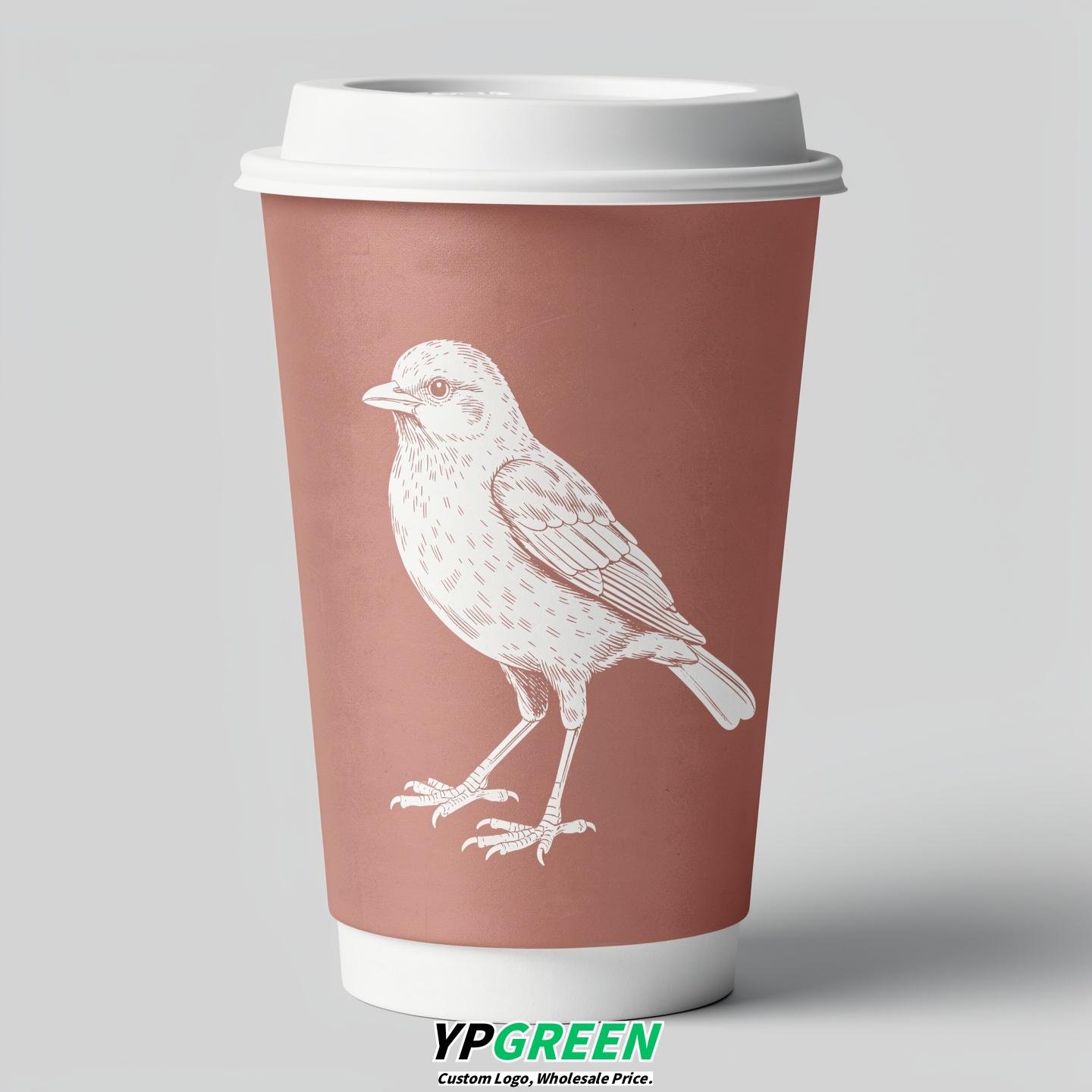Rose Gold Paper Cups with Bird Logo & Lids 8-24oz