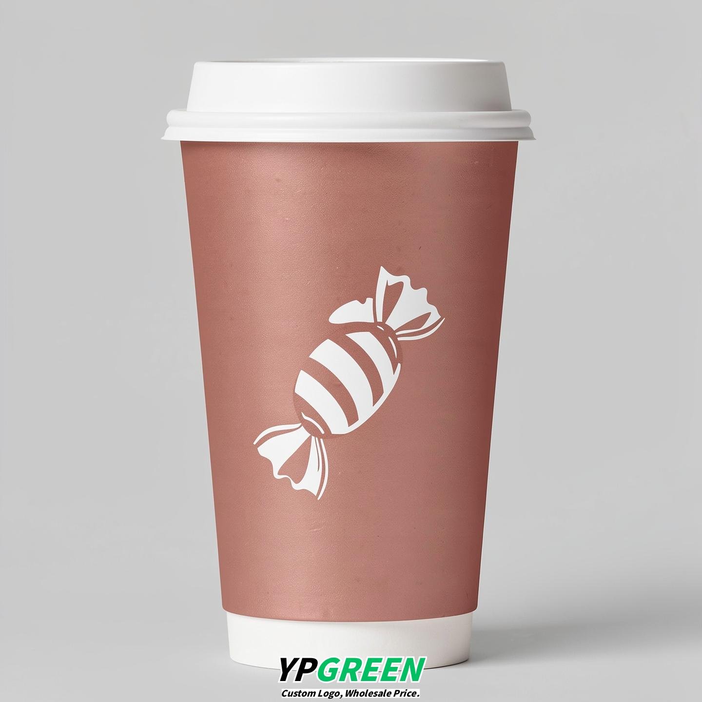 Rose Gold Paper Cups with Candy Logo & Lids 8-24oz