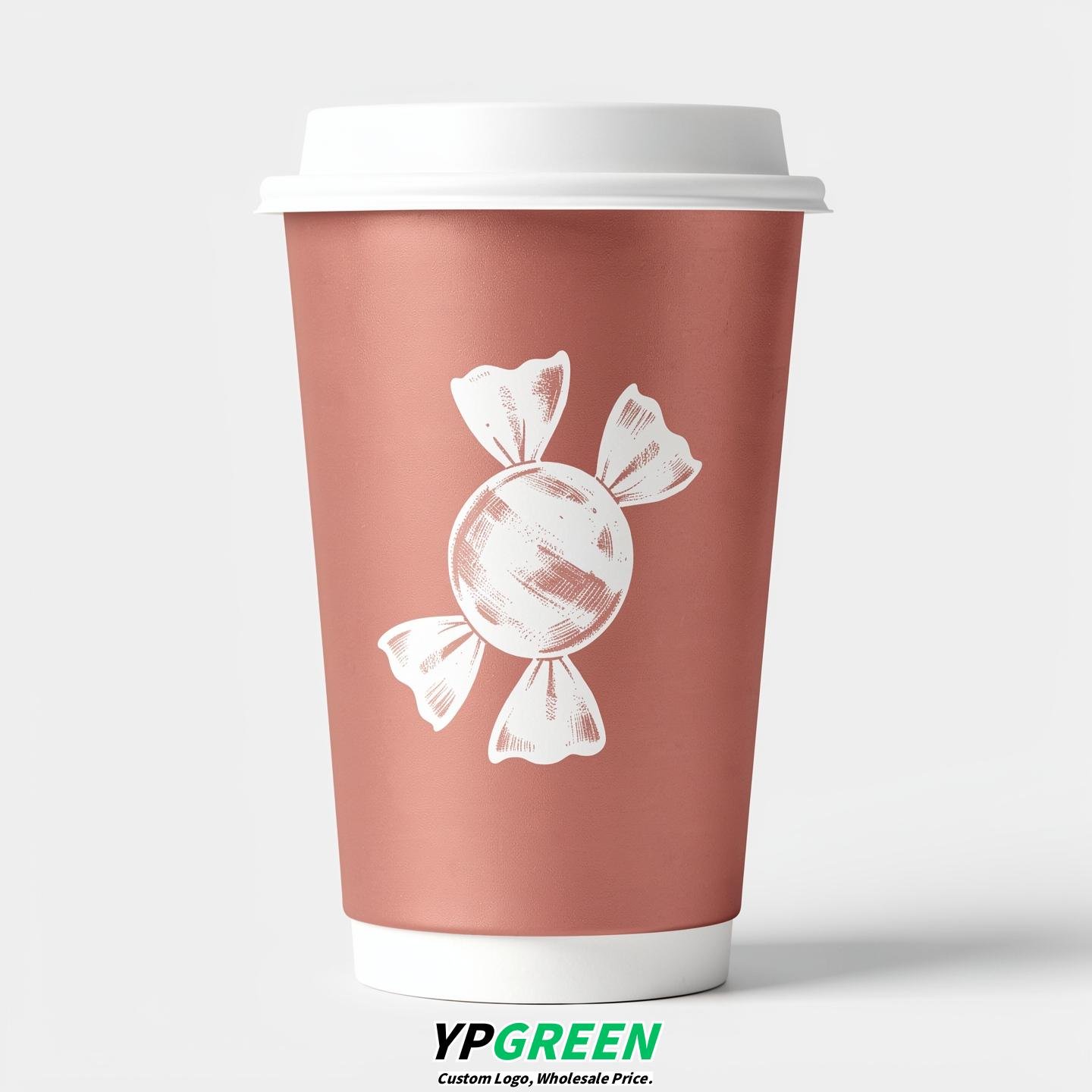 Rose Gold Paper Cups with Candy Logo & Lids 8-24oz