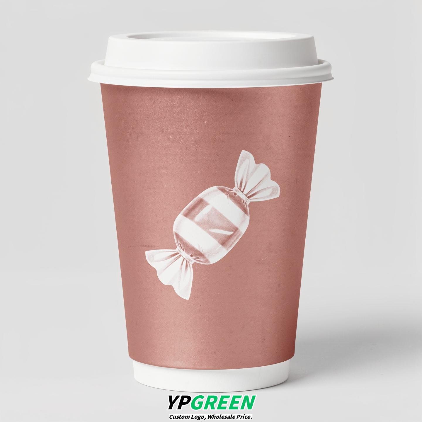 Rose Gold Paper Cups with Candy Logo & Lids 8-24oz