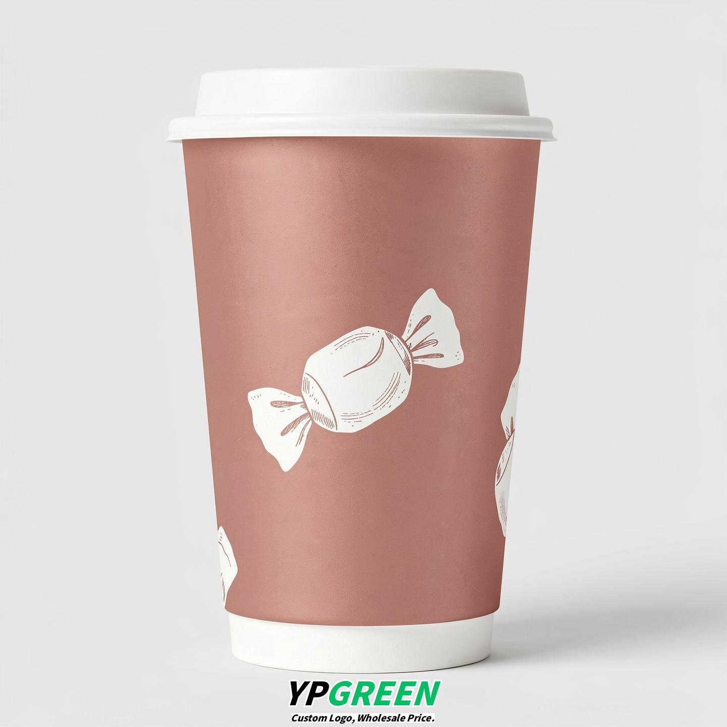 Rose Gold Paper Cups with Candy Logo & Lids 8-24oz