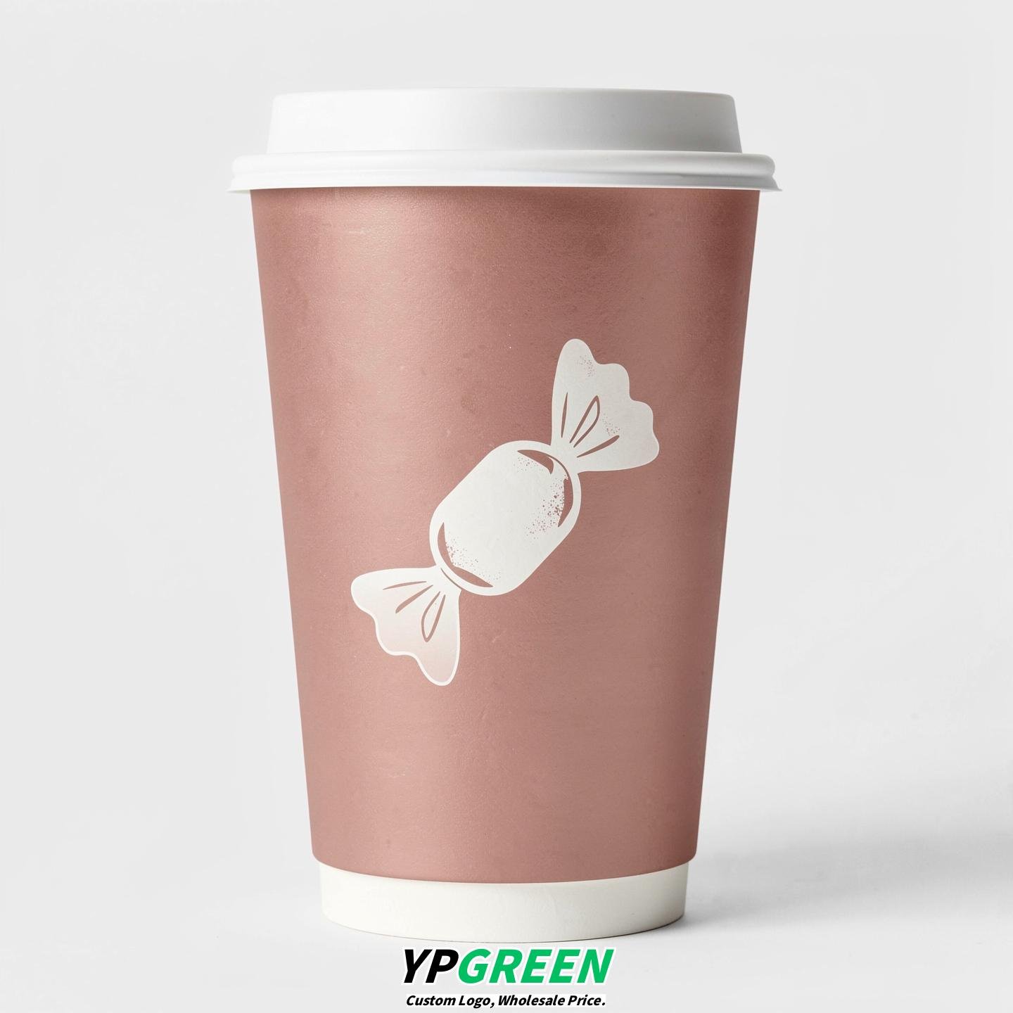 Rose Gold Paper Cups with Candy Logo & Lids 8-24oz